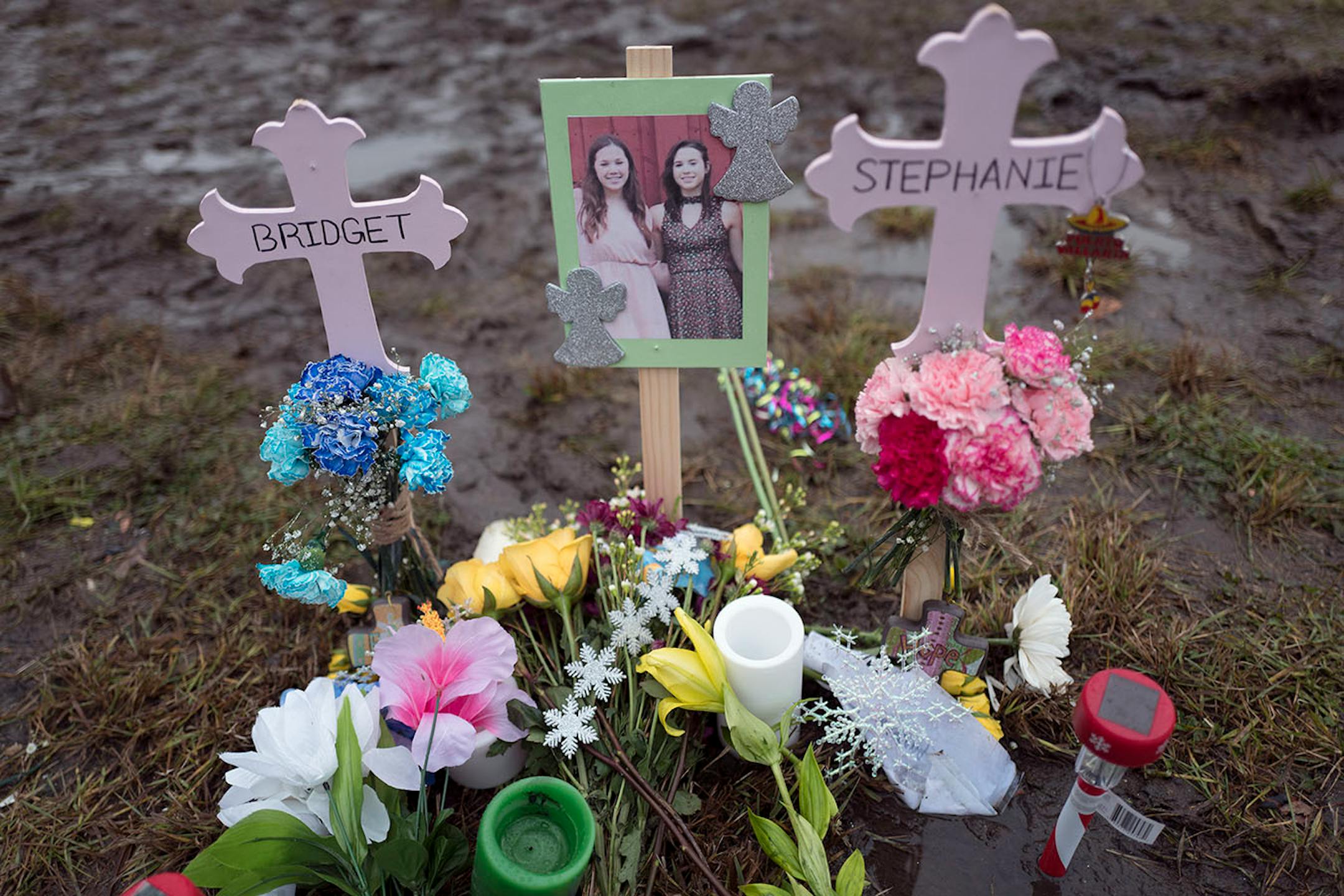 A memorial for Bridget Giere,16, and Stephanie Carlson, 16. who were killed in a traffic accident last week at Highway 96, and Old Highway 10, December 05, 2016 in Arden Hills, MN.