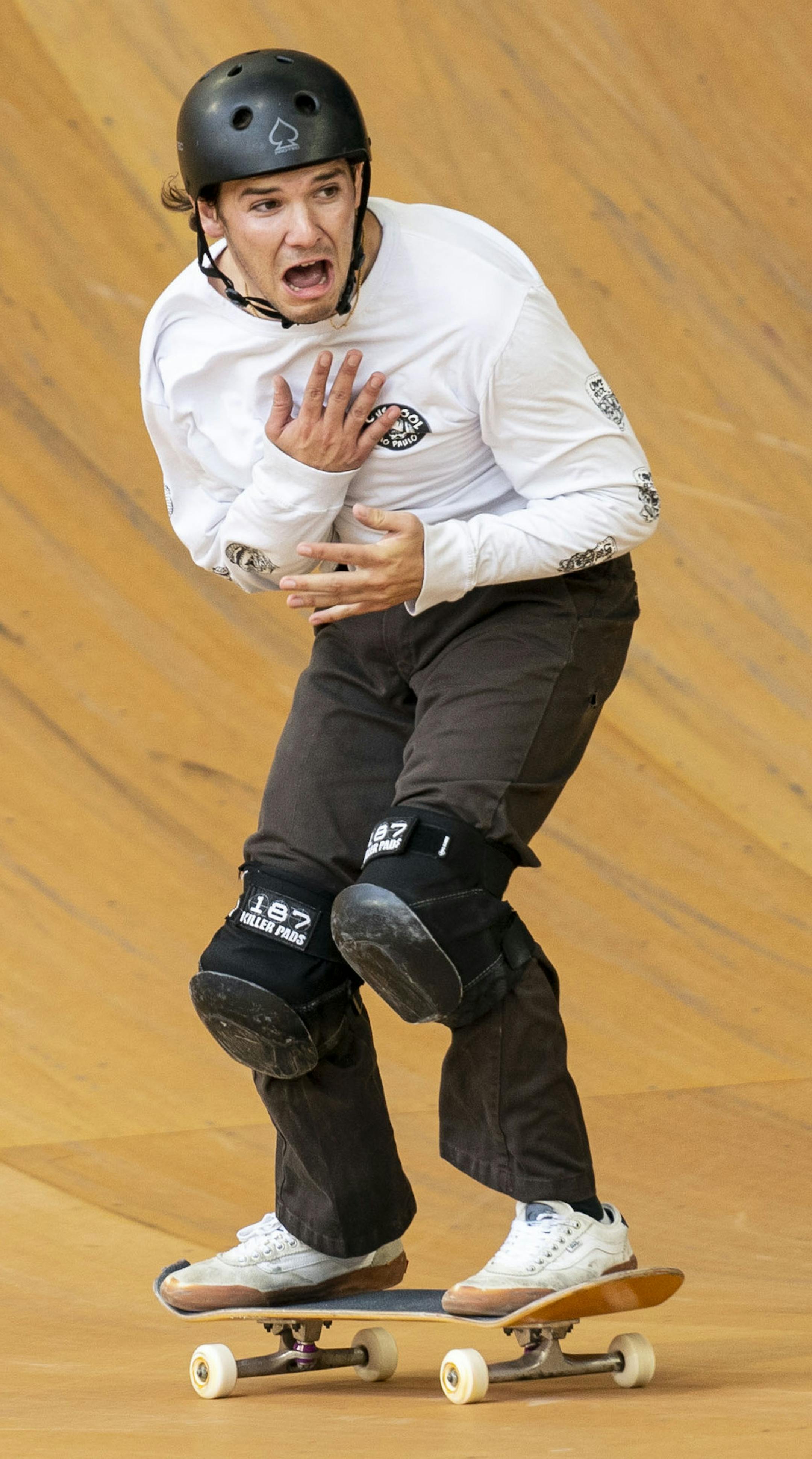 Justin Rivera reacts after finishing a high scoring run during the skateboard big air elimination round on Thursday. His last run secured him a spot in the finals.] ALEX KORMANN • alex.kormann@startribune.com The first day of X Games competition kicked off Thursday August 1, 2019 at U.S. Bank stadium with many of the big air events.