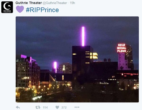 The Guthrie Theater, among other tweets, sent out a photo of its building and signs lit in purple Thursday night as a tribute to Prince. Digital memor