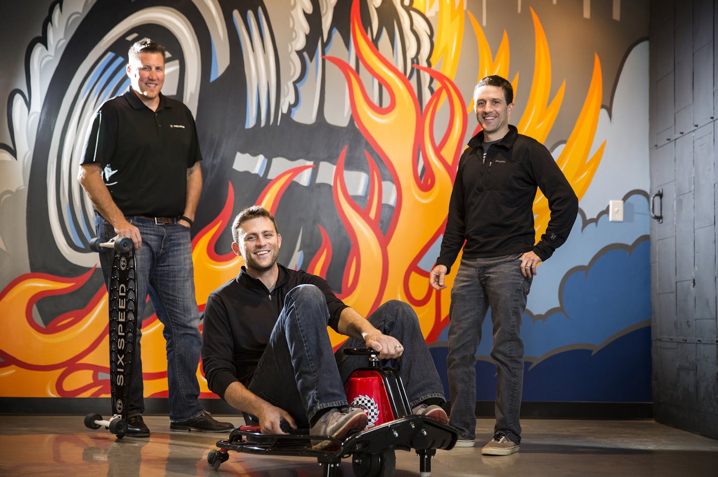 SixSpeed advertising agency co-founders Tom Cusciotta, from left, and Grant Johnson, and chief operating officer Joe Hurd pose at the SixSpeed advertising agency office in St. Louis Park on Wednesday, August 19, 2015. ] LEILA NAVIDI leila.navidi@startribune.com /