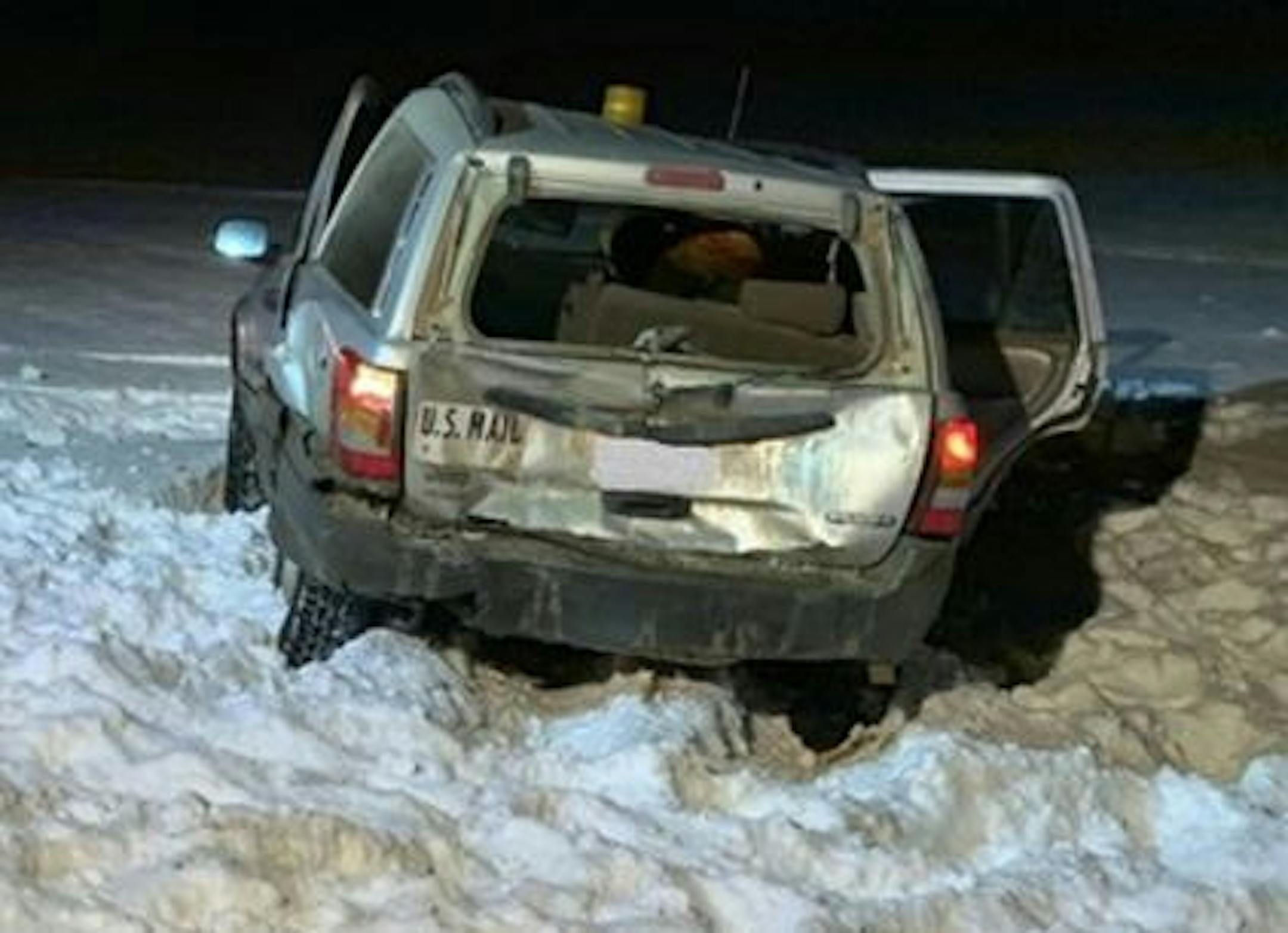 Alice Theisen was stopped at a mailbox on County Road 154 about 5:20 p.m. Friday, when a pickup truck hit the mail carrier&#x2019;s SUV from behind. Credit: Stearns County Sheriff's Office