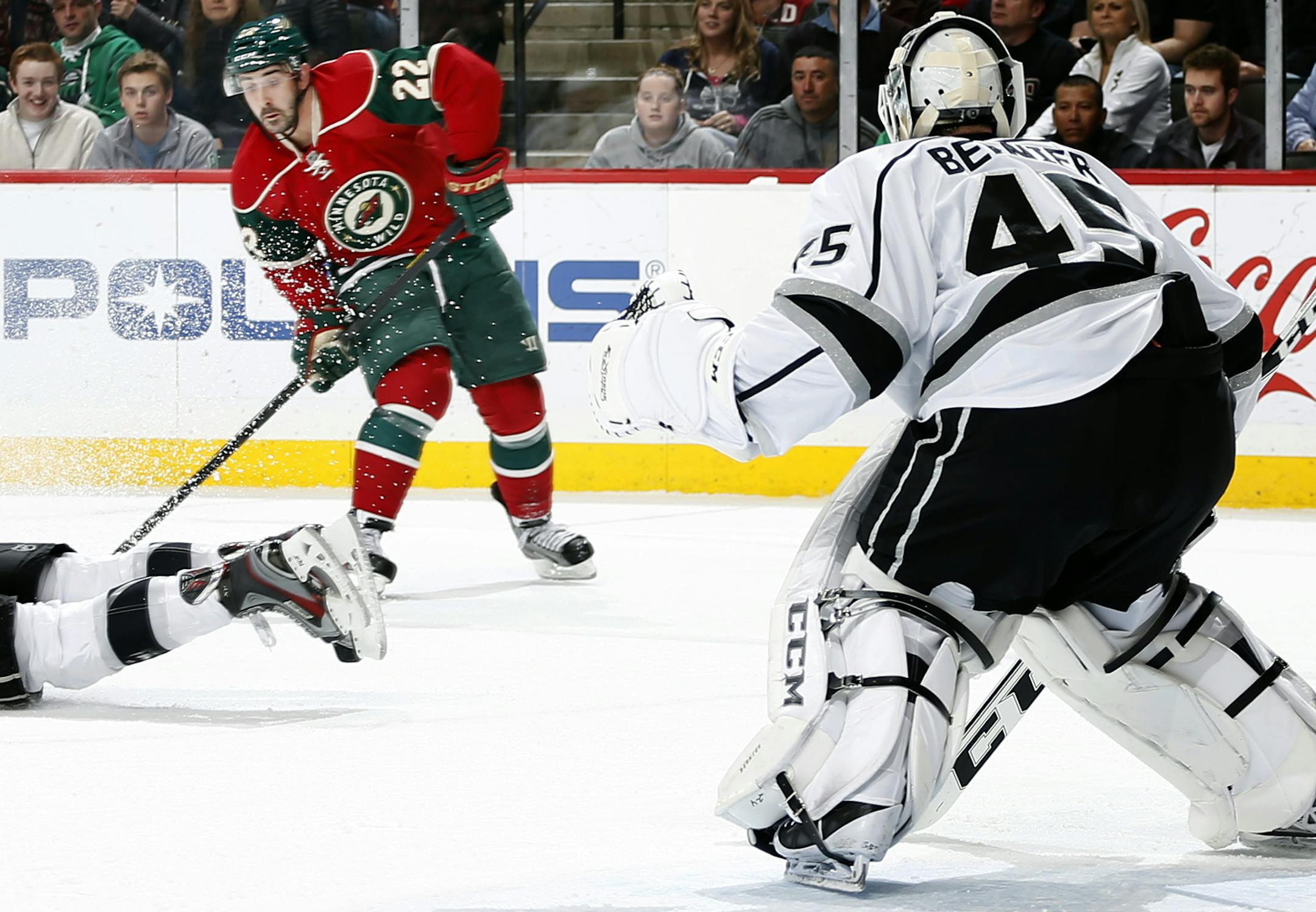 Cal Clutterbuck (22) of the Minnesota Wild prepared to shoot the puck past LA Kings goalie Jonathan Bernier (45) for a goal in the first period. ] CARLOS GONZALEZ cgonzalez@startribune.com April 23, 2013, St. Paul, Minn., Xcel Energy Center, NHL, Minnesota Wild vs. Los Angeles Kings (LA)