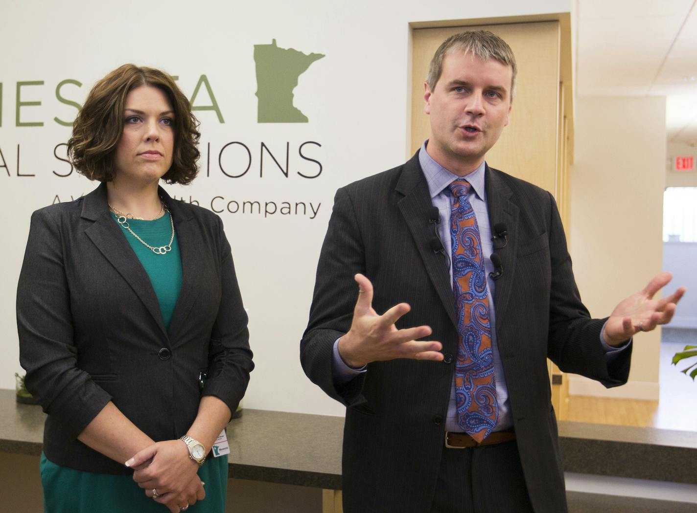 Chief medical officer Dr. Laura Bultman, from left, patient center manager Karen Roellich, RN, and CEO/founder Dr. Kyle Kingsley give the media a tour of Minnesota Medical Solutions, the state's first medical marijuana dispensary, in Minneapolis on Friday, June 26, 2015. ] LEILA NAVIDI leila.navidi@startribune.com / BACKGROUND INFORMATION: Minnesota Medical Solutions will open its doors to patients at midnight on July 1. ORG XMIT: MIN1506261431421777