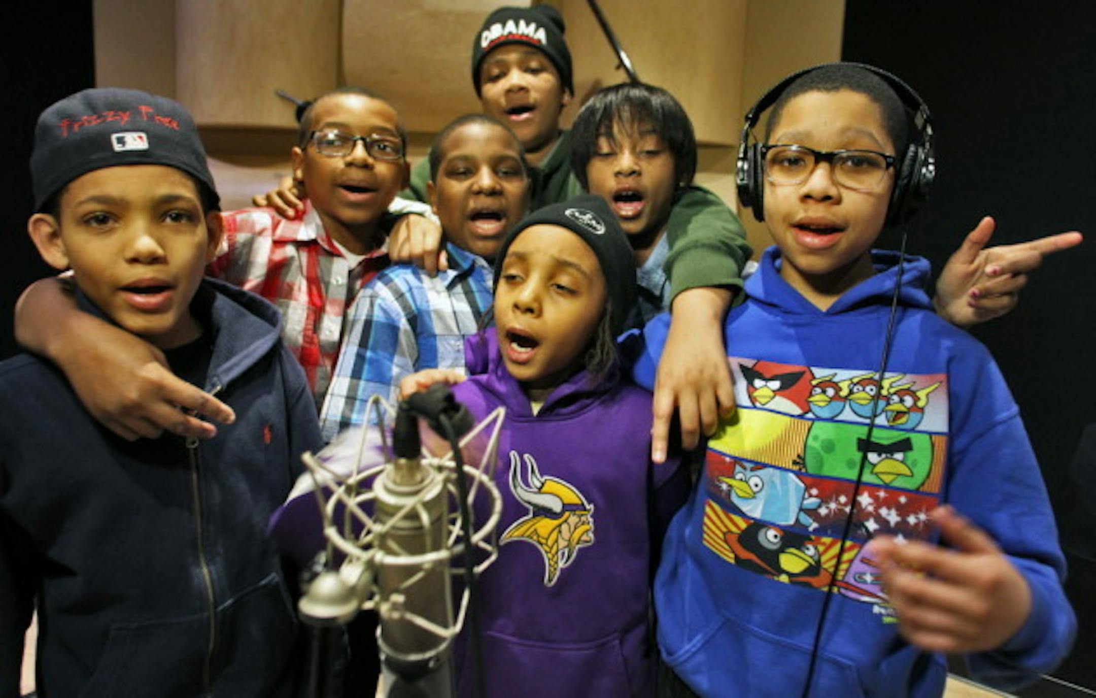 The KIDS, formerly the Y.N.RichKids, went to work on new songs outside the YMCA's Beats & Rhymes program at the Institute of Production & Recording in February. / Marlin Levison, Star Tribune