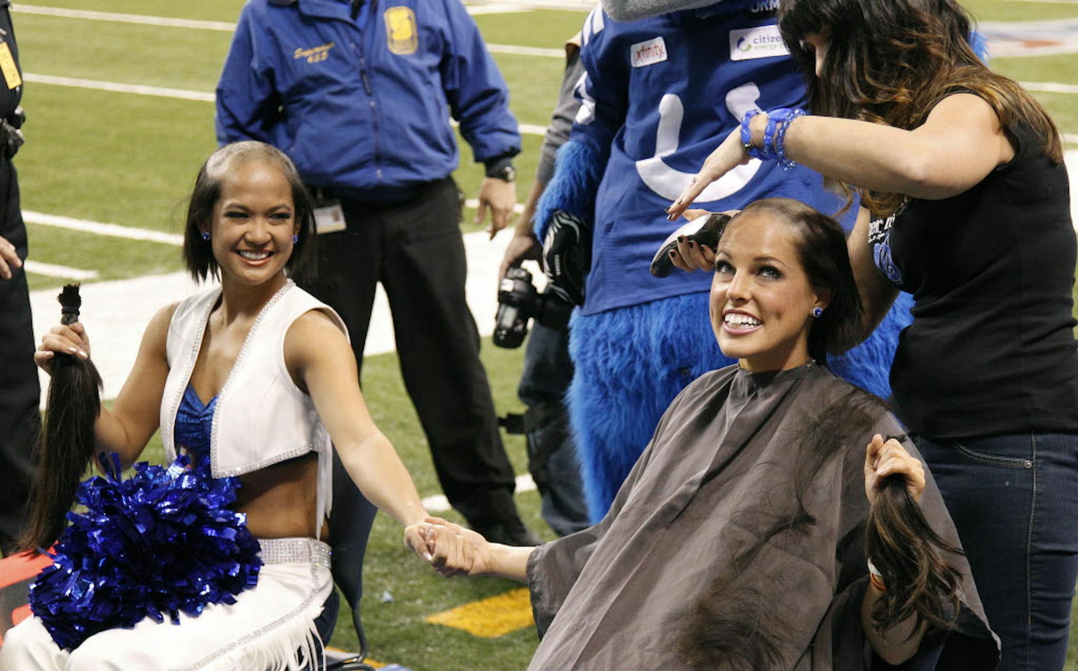 Colts mascot Blue shaved the heads of two Colts cheerleaders during the 4th quarter on Sunday in Indianapolis. The money raised, over $20,000, will go to Leukemia research at the IU Health Simon Cancer Center in Indianapolis.