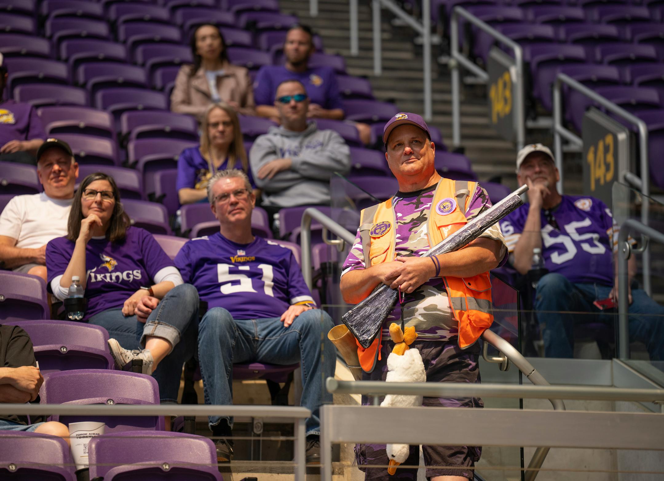 In a nod to Bud Grant's passion for hunting, a Vikings fan attended in duck hunting garb.