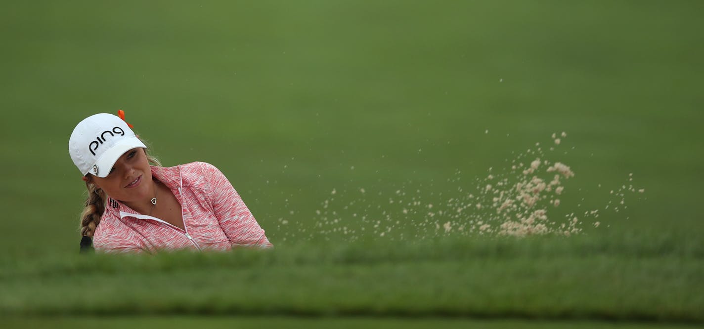 Lauren Stephenson hit into a double sand trap on the 3 green during the final round of the KPMG Women's PGA Championship at Hazeltine National Golf Club Sunday June 23 2019 in Chaska, MN.] Jerry Holt • Jerry.holt@startribune.com