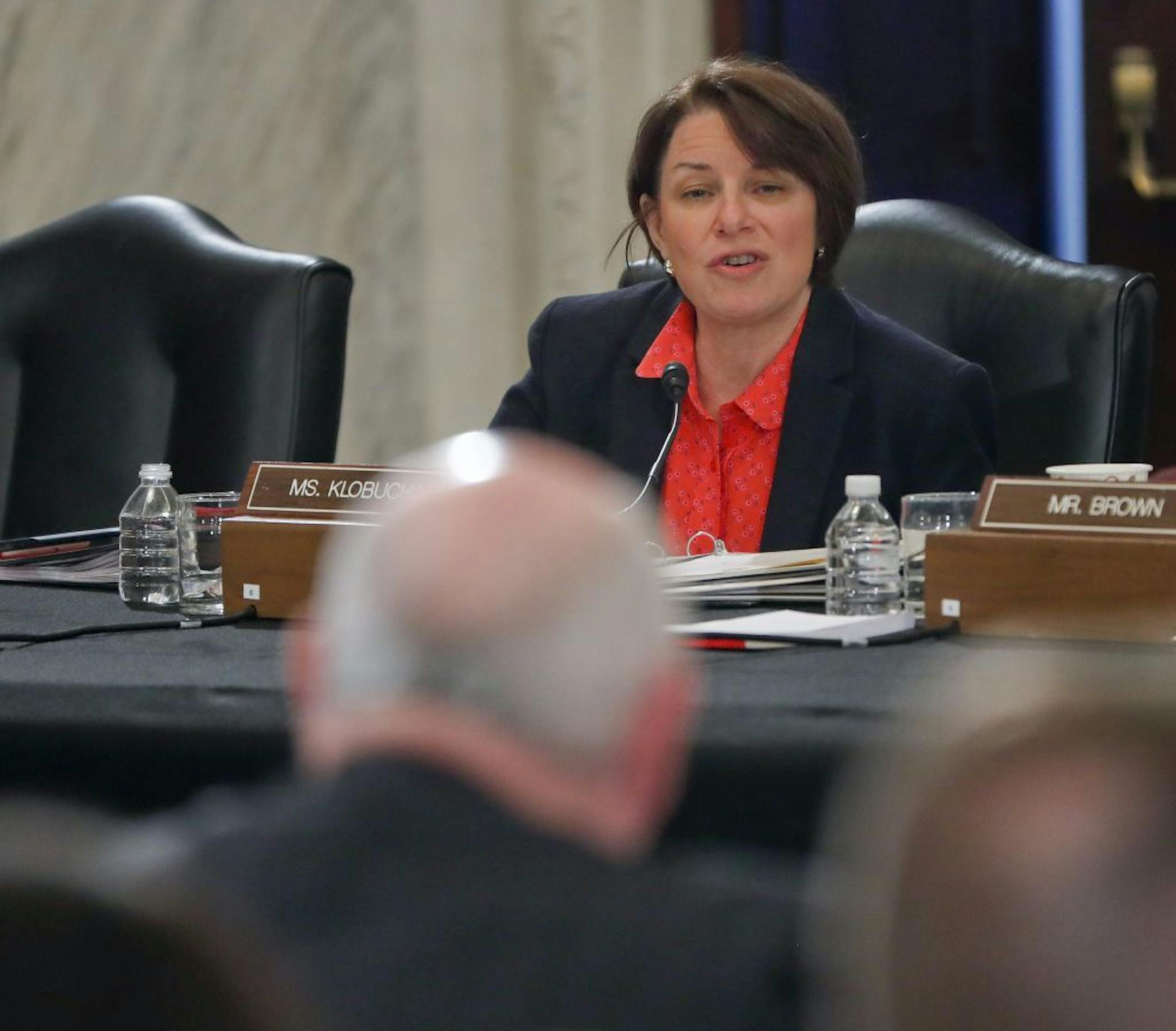 Senate Agriculture, Nutrition and Forestry Committee member Sen. Amy Klobuchar, D-Minn., questions Agriculture Secretary-designate, former Georgia Gov. Sonny Perdue, back to camera, on Capitol Hill in Washington, Thursday, March 23, 2017, during Perdue's confirmation hearing before the committee.