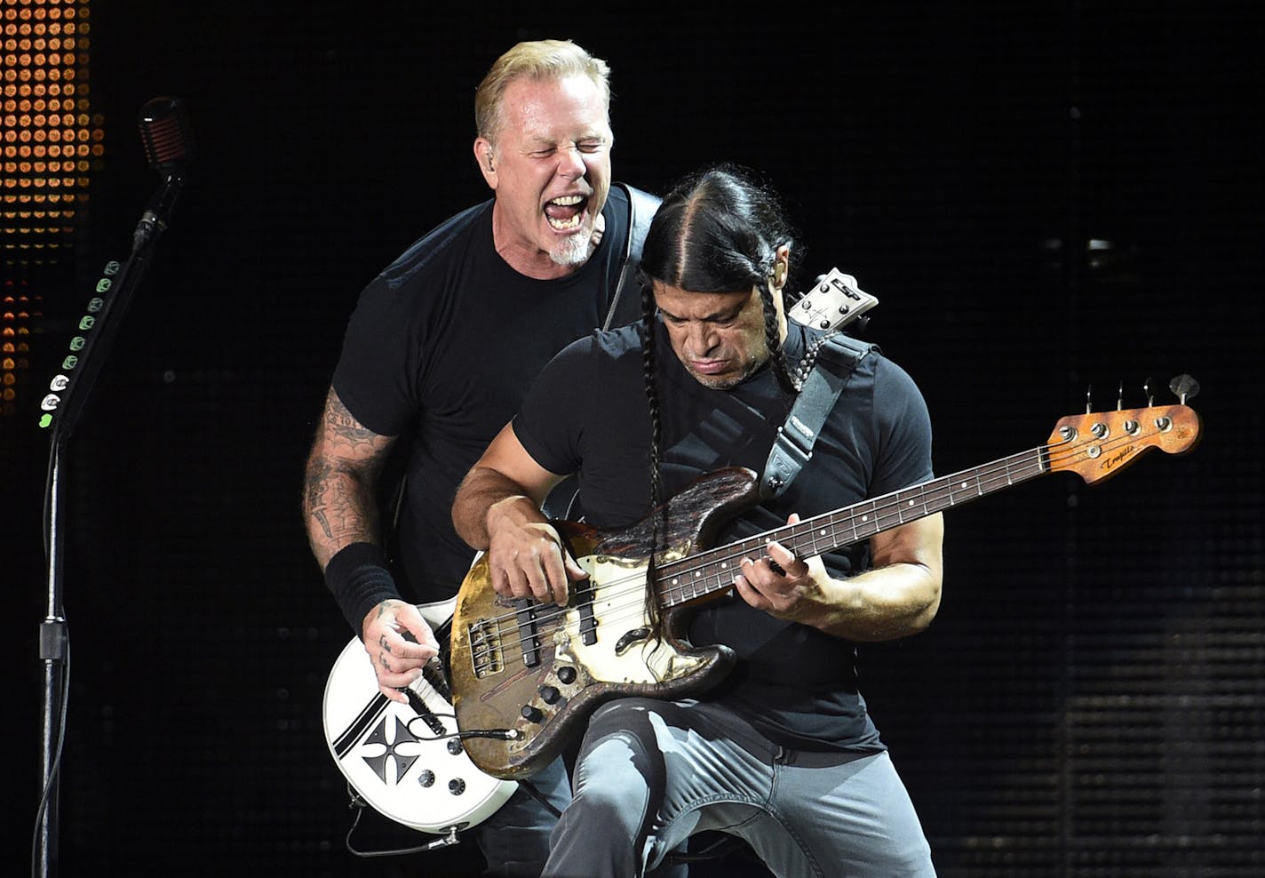 James Hetfield, left, and Robert Trujillo of Metallica perform during their concert at The Rose Bowl on Saturday, July 29, 2017, in Pasadena, Calif. (Photo by Chris Pizzello/Invision/AP) ORG XMIT: CACP101