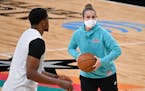 San Antonio Spurs assistant coach Becky Hammon runs drills with forward Rudy Gay before the team's game against the Lakers on Jan. 1.