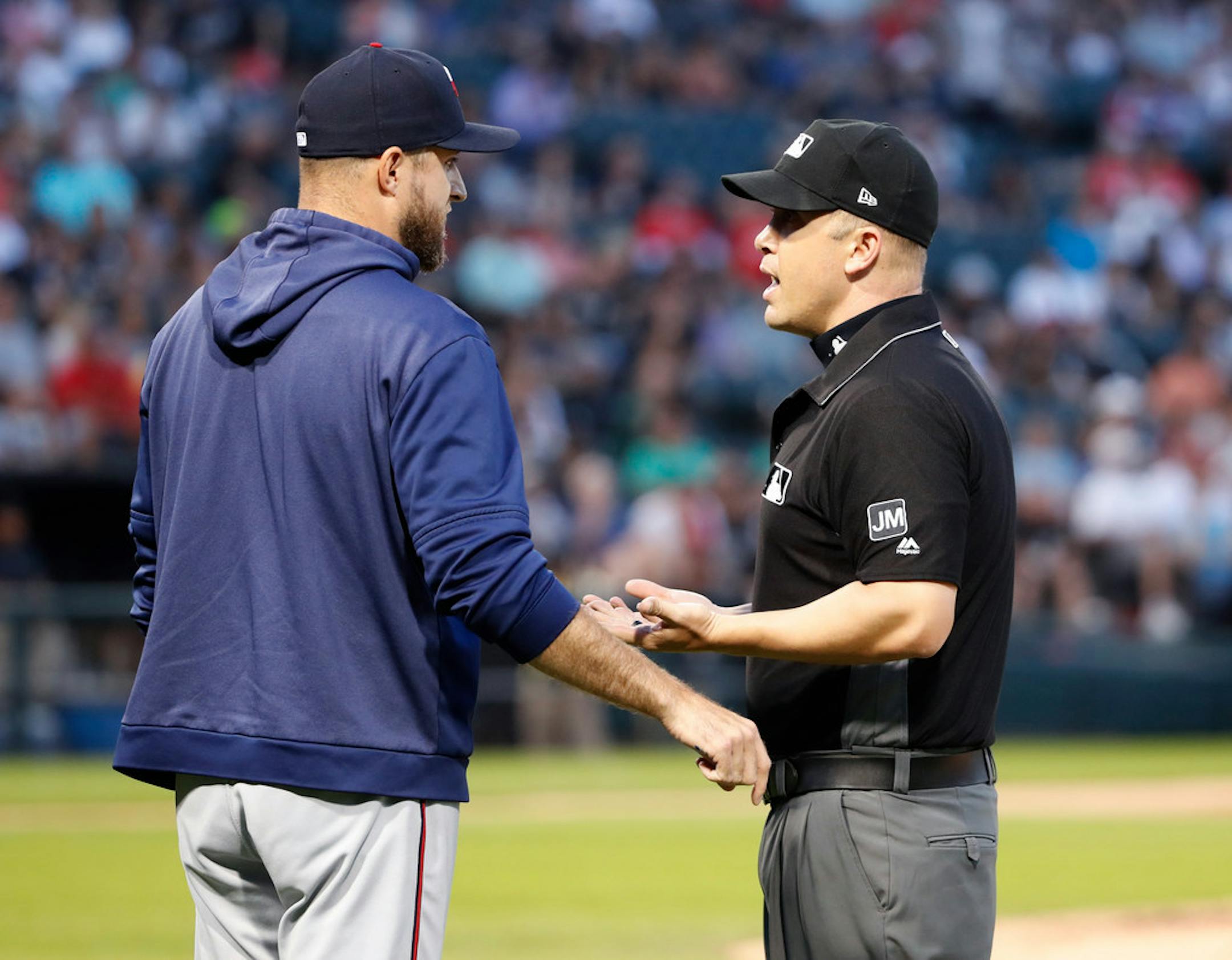 Twins manager Rocco Baldelli discussed the interference call on second baseman Jonathan Schoop during Thursday's game.