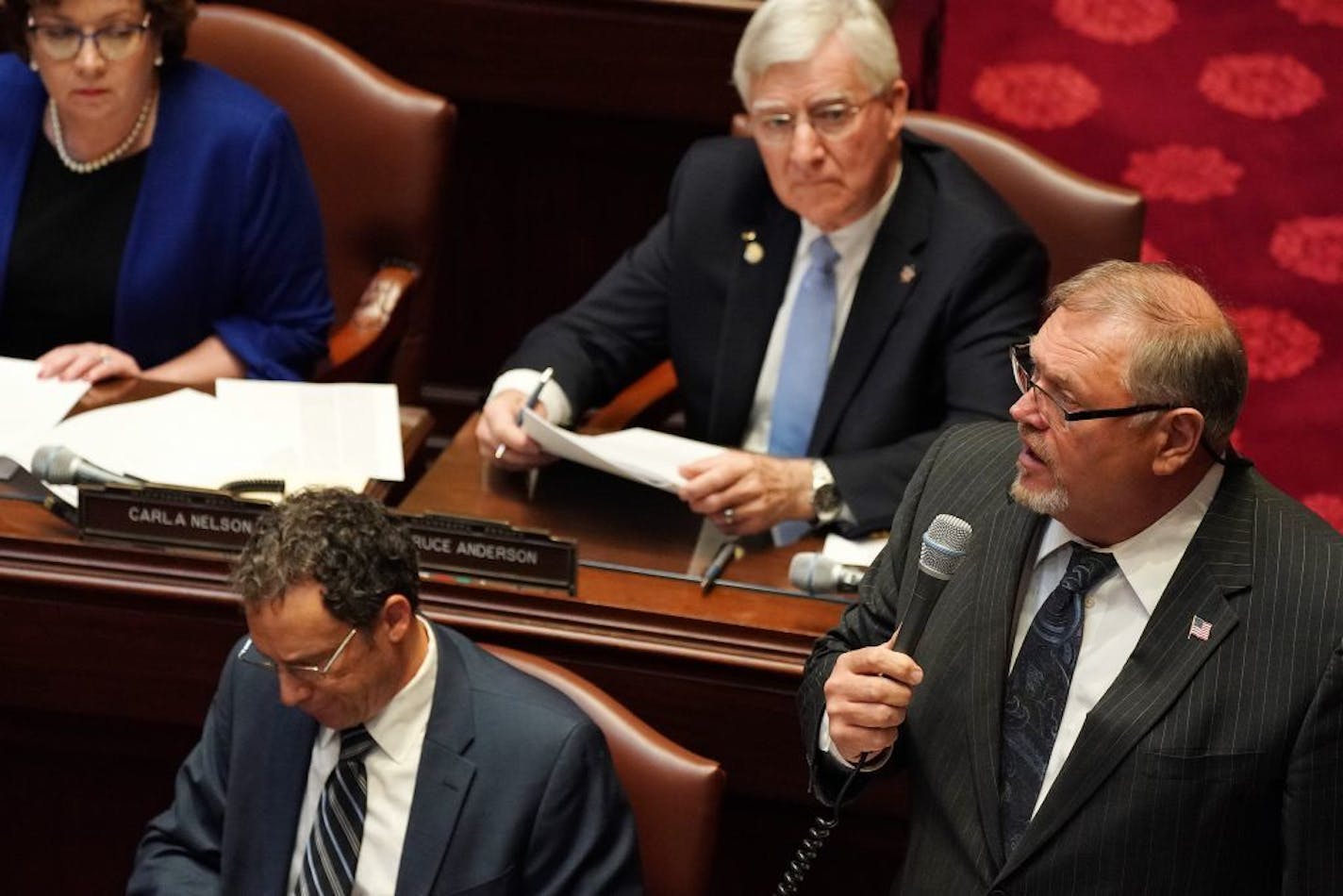 Senate Minority Leader Sen. Tom Bakk, DFL-Cook, right, spoke in the Senate Chamber on the first day of the legislative session in 2019.