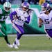 Trae Waynes ran after he intercepted a Sam Darnold pass in the fourth quarter Sunday at the Jets