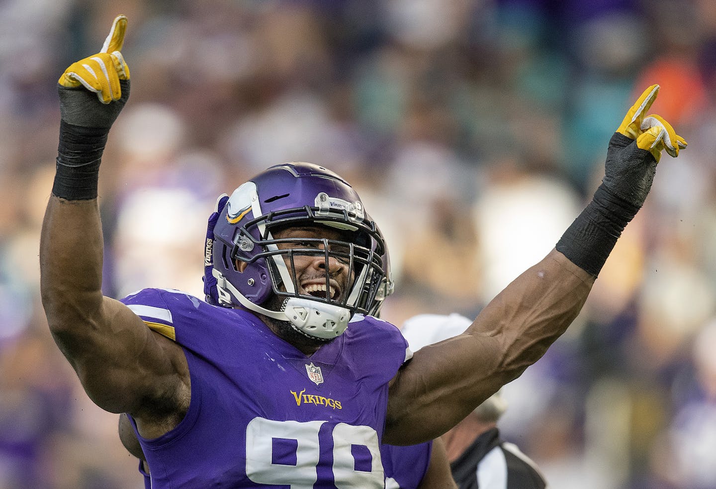 Minnesota Vikings' Danielle Hunter celebrates after a sack in the third quarter against the Miami Dolphins on Sunday Dec. 16, 2018 at U.S. Bank Stadium in Minneapolis, Minn. (Carlos Gonzalez/Minneapolis Star Tribune/TNS)