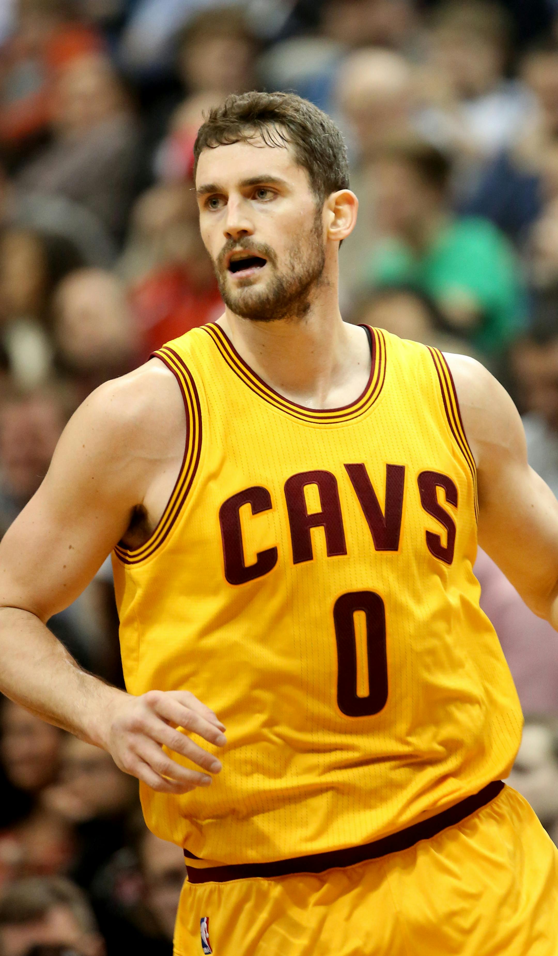 Cavaliers Kevin Love ran up court after scoring in the first half. ] (KYNDELL HARKNESS/STAR TRIBUNE) kyndell.harkness@startribune.com Timberwolves vs Cleveland at the Target Center in Minneapolis Min., Saturday, January 31, 2015. ORG XMIT: MIN1501312018068460