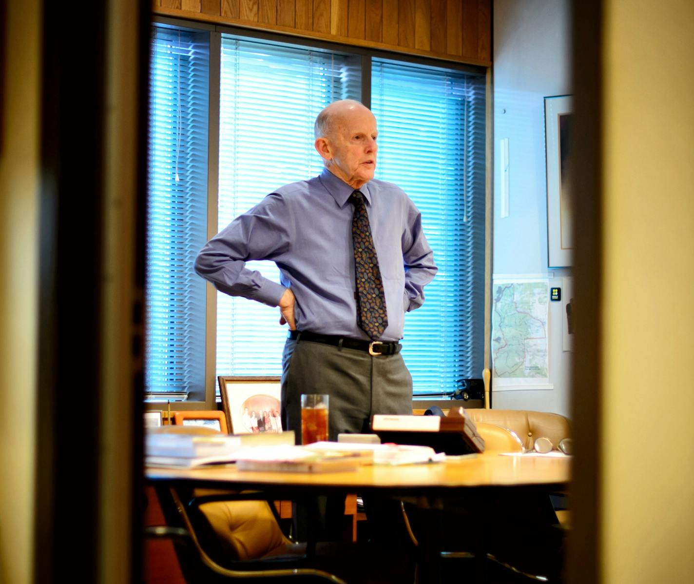 Stanley Hubbard never liked a traditional desk in his office but prefers an oval wood table. Better to talk with people he says. ] GLEN STUBBE * gstubbe@startribune.com Wednesday, November 11, 2015 interview with Stanley Hubbard, CEO of Hubbard Broadcasting, about his long history of being a major political donor both in Minnesota and nationally.