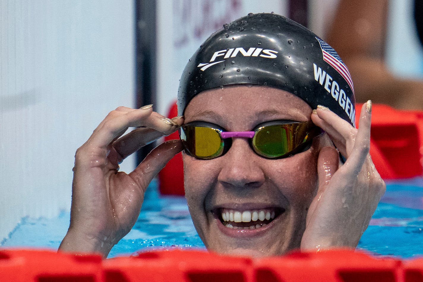 Mallory Weggemann of the U.S. reacts after winning the silver medal in the Women's 50m Butterfly - S7 Swimming Final at the Tokyo 2020 Paralympic Games in Tokyo Friday, Sept. 3, 2021. (Thomas Lovelock for OIS via AP)