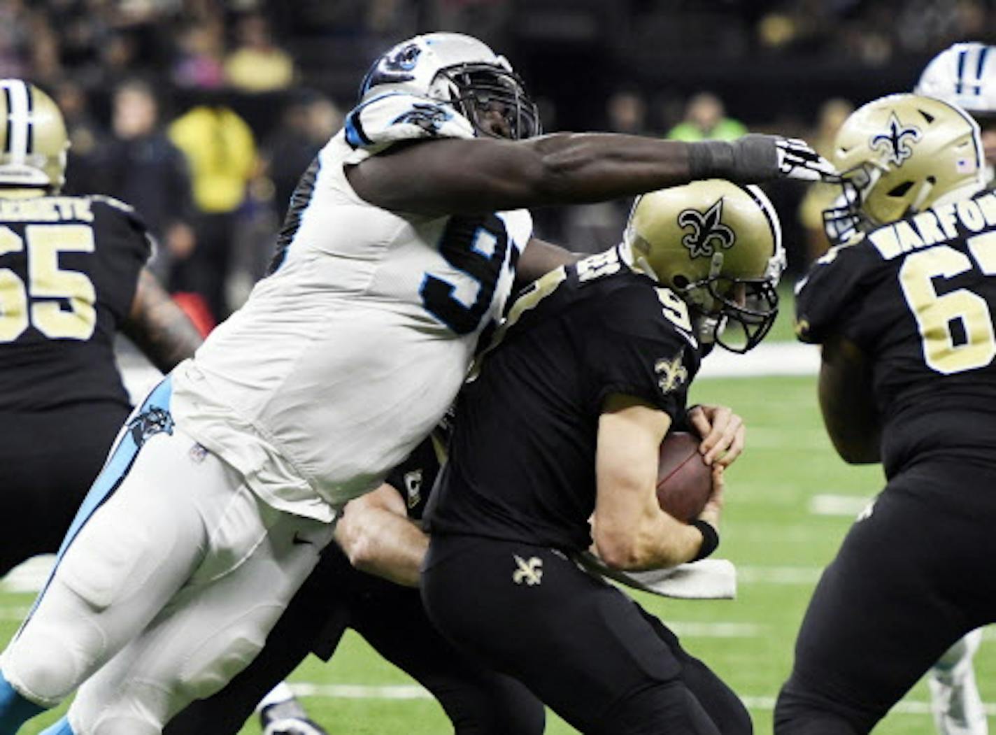 Carolina Panthers defensive end Mario Addison (97) sacks New Orleans Saints quarterback Drew Brees (9) in the fourth quarter on Sunday, Dec. 3, 2017 at the Mercedes-Benz Superdome in New Orleans, La. The Saints won 31-21. (David T. Foster III/Charlotte Observer/TNS) ORG XMIT: 1217534