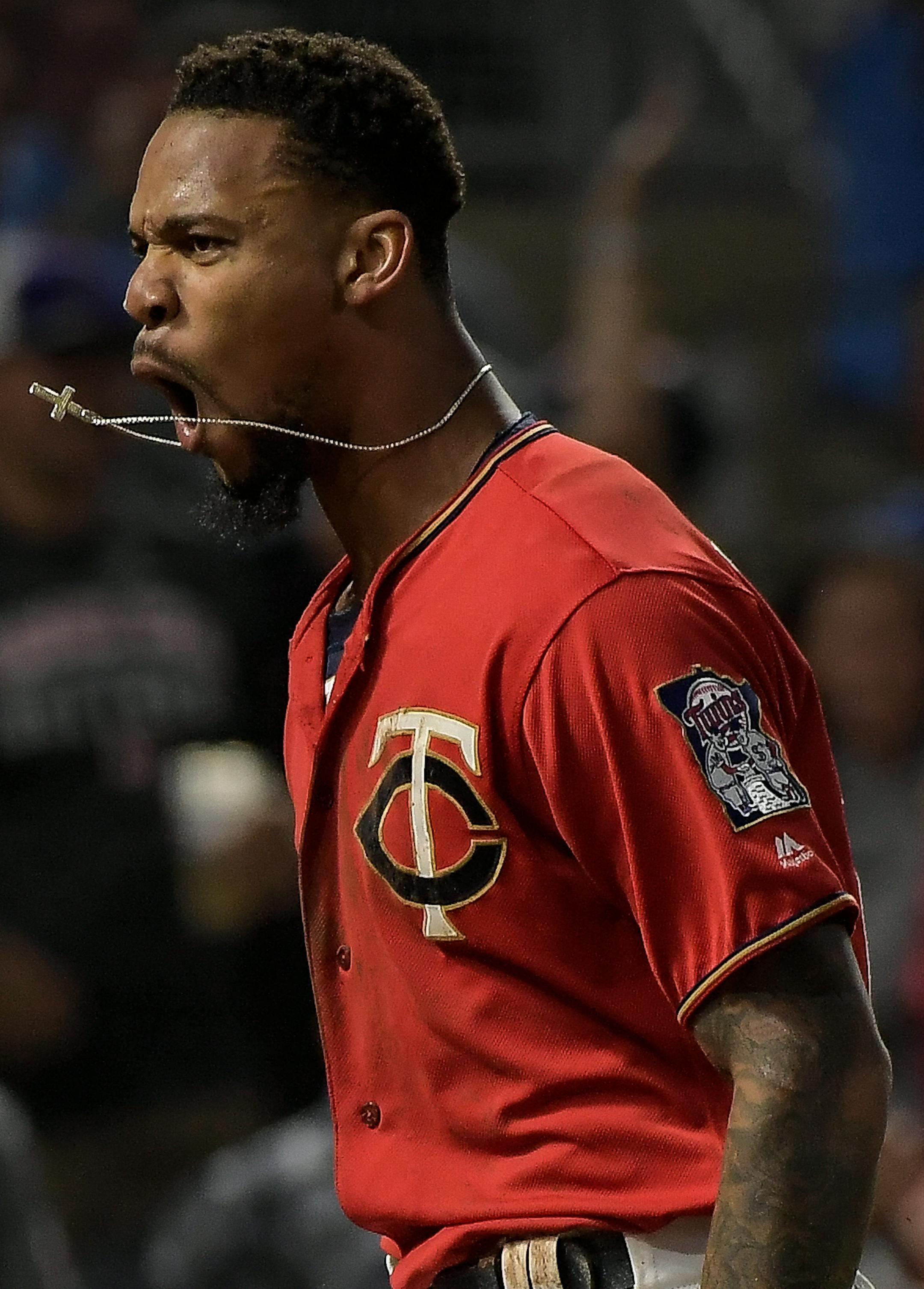 Minnesota Twins center fielder Byron Buxton (25) celebrated his inside-the-park home run in the bottom of the fourth inning off a pitch by Arizona Diamondbacks starting pitcher Zack Godley (52). ] AARON LAVINSKY ï aaron.lavinsky@startribune.com The Minnesota Twins played the Arizona Diamondbacks on Friday, August 18, 2017 at Target Field in Minneapolis, Minn.
