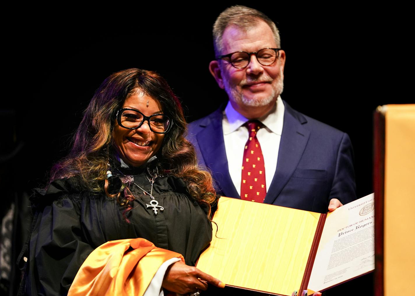 Prince's sister, Tyka Nelson, stood beside University of Minnesota President Eric Kaler as they held an honorary degree presented posthumously to Prince Wednesday night at the Ted Mann Concert Hall. ] AARON LAVINSKY &#x2022; aaron.lavinsky@startribune.com Prince received an honorary degree from the University of Minnesota's school of music on Wednesday, Sept 26, 2018 at the Ted Mann Concert Hall in Minneapolis, Minn.