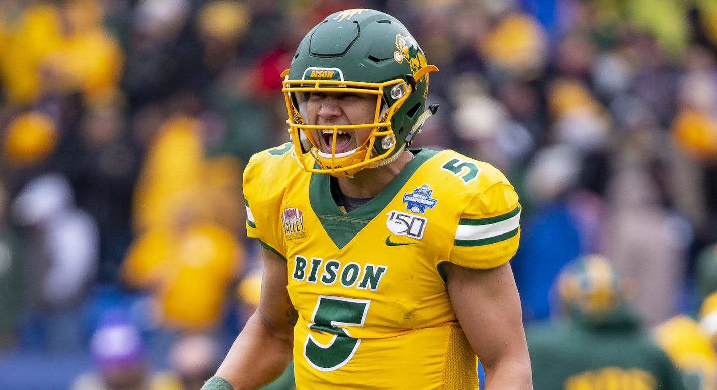 North Dakota State quarterback Trey Lance (5) reacts after his team scored a touchdown during the first half of the FCS championship NCAA college football game against James Madison, Saturday, Jan. 11, 2020, in Frisco, Texas. (AP Photo/Sam Hodde) ORG XMIT: TXSH138