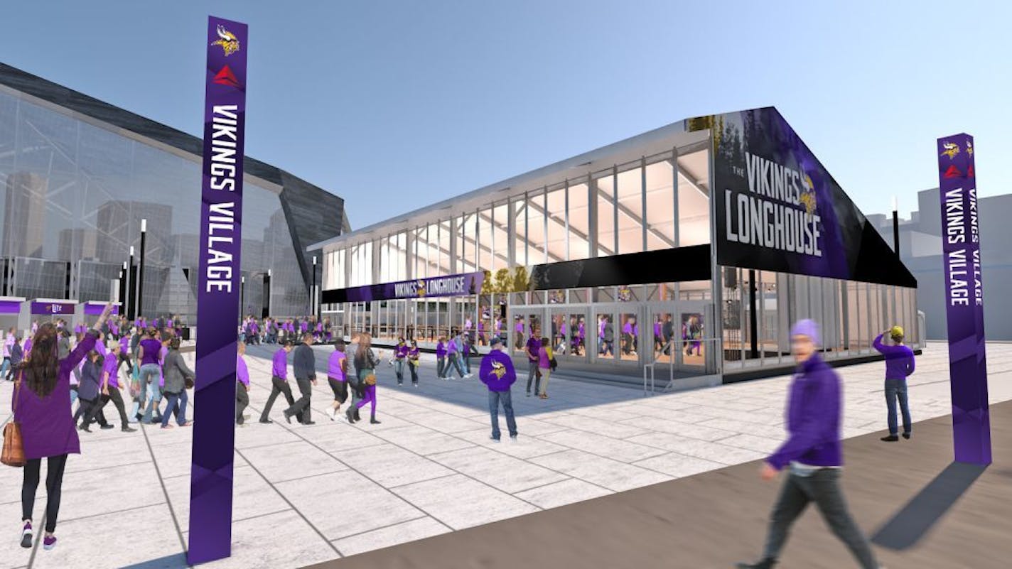 A rendering of the Vikings longhouse next to U.S. Bank Stadium.