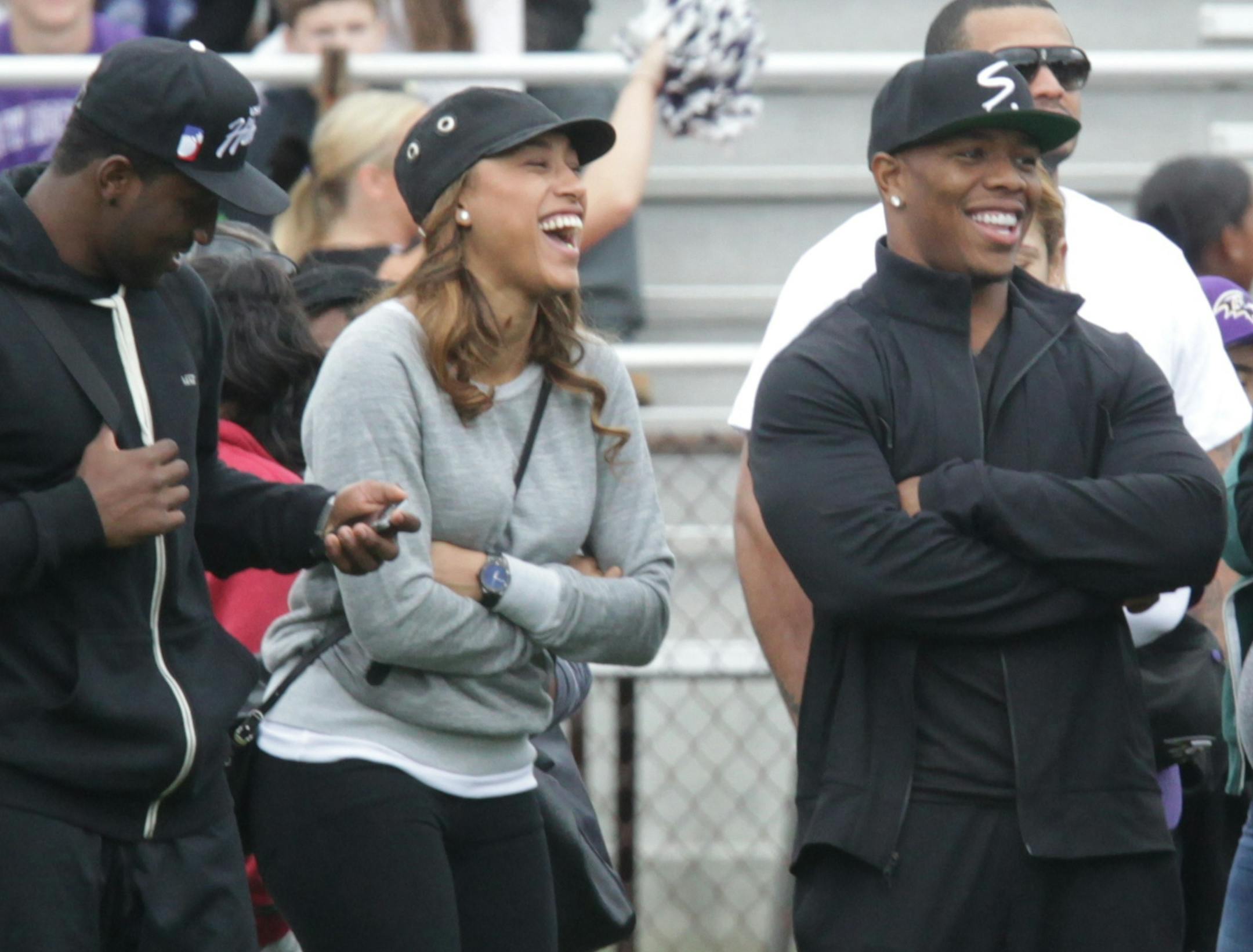 Ray Rice, right, and his wife Janay Rice attend the Ramapo versus New Rochelle high school football game at New Rochelle High School Saturday, Sept. 13, 2014, in New Rochelle, N.Y. The star running back was released by the Baltimore Ravens and suspended indefinitely by the NFL on Monday, Sept. 8, after video of him punching Janay was released. (AP Photo/The Journal News, Carucha L. Meuse) NYC OUT, TV OUT, NO SALES, MAGS OUT