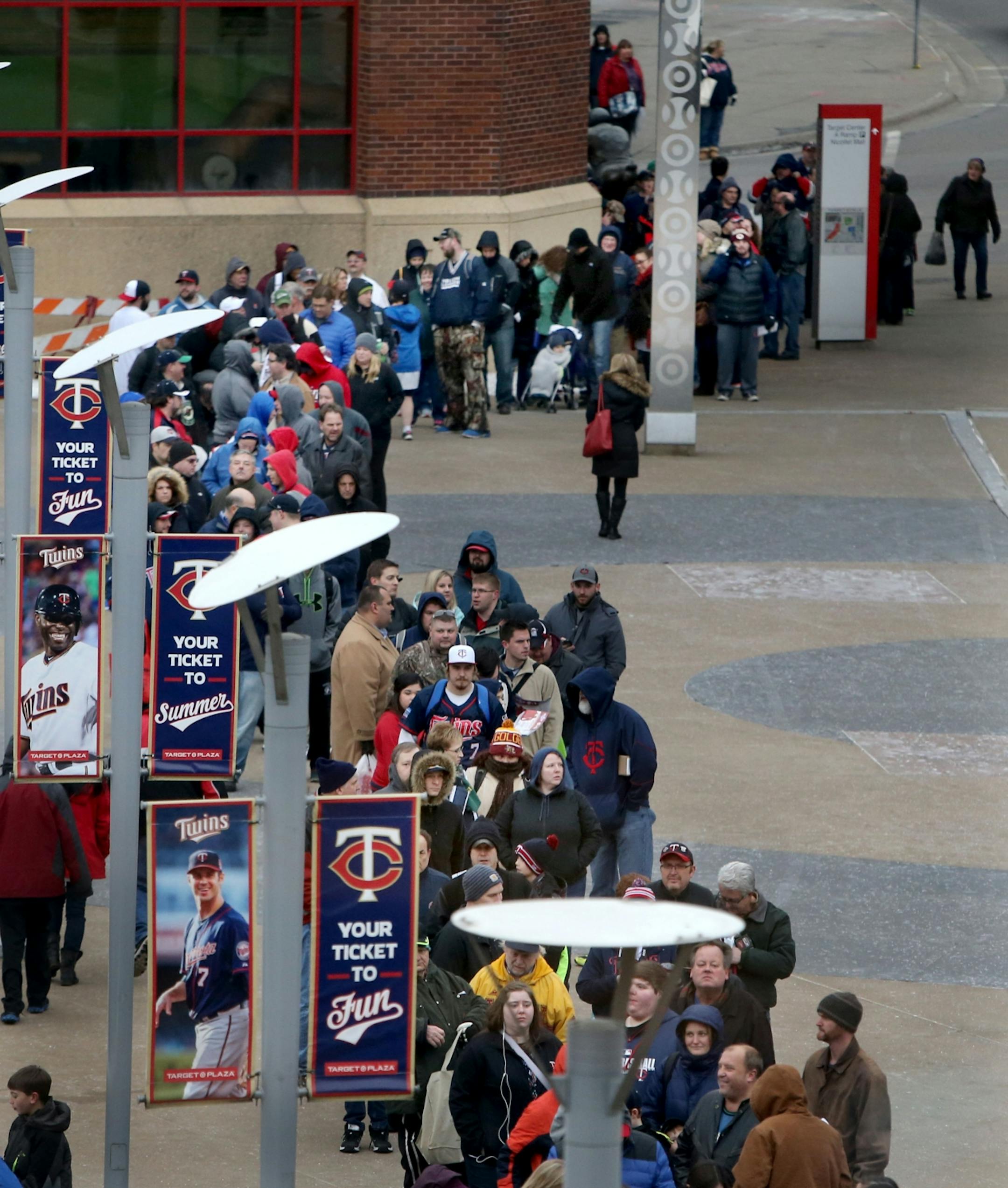 A large line of Twins fans and autograph seekers waited to get into Twinsfest, Friday, Jan. 29, 2016, at Target Field in Minneapolis, MN.
