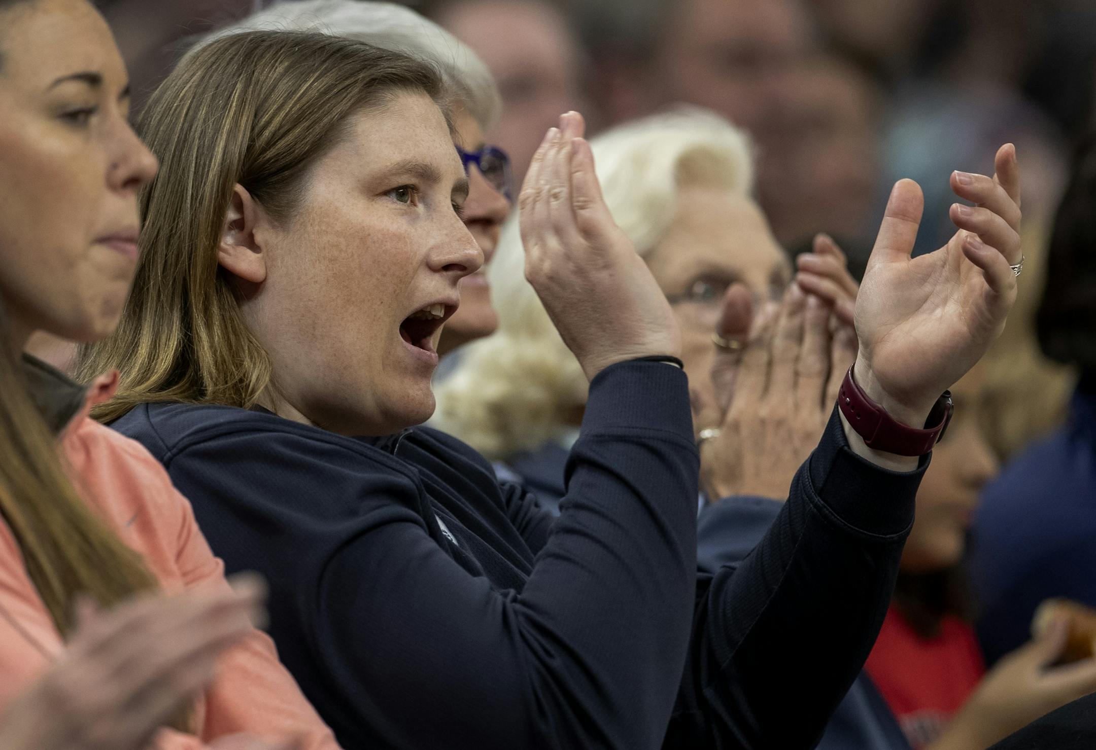 University of Minnesota head basketball coach and former Lynx player Lindsay Whalen cheered during Wednesday's Lynx game at Target Center.
