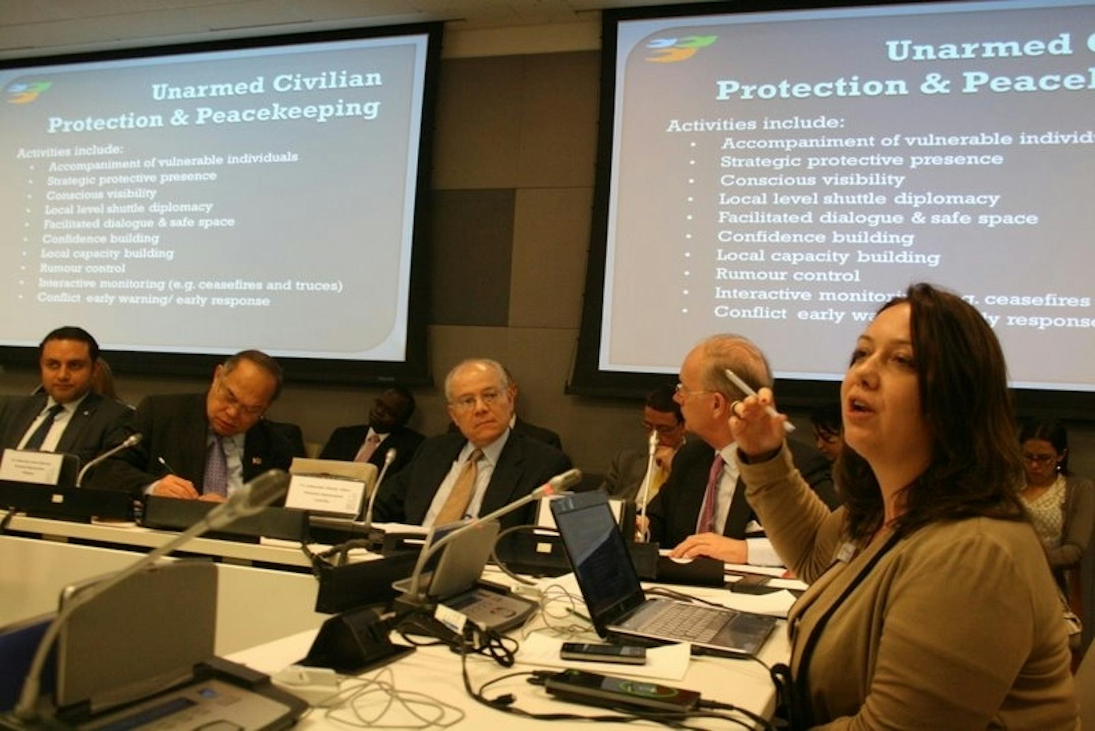 TIffany Easthom, right, at a United Nations briefing