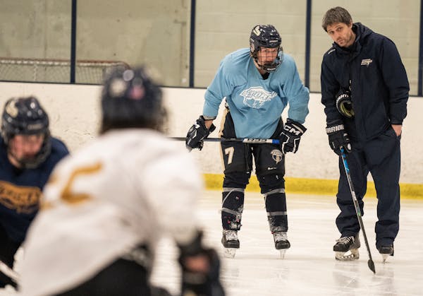 Chanhassen boys hockey coach Sean Bloomfield oversaw practice at the Victoria Recreation Center.