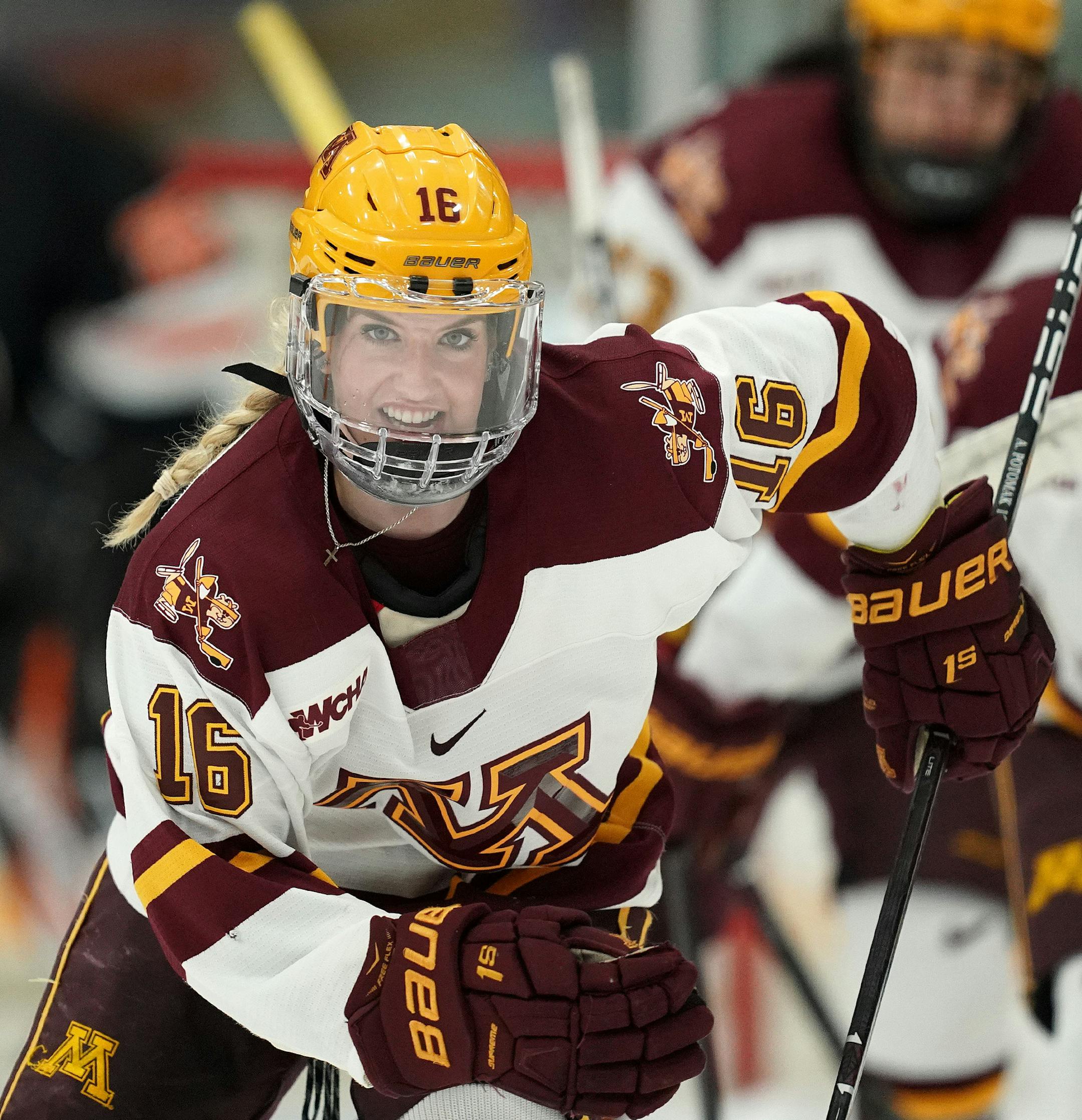 Minnesota Golden Gophers forward Amy Potomak (16) skated back to the bench with a smile to celebrate with her teammates after scoring in the first period. ] ANTHONY SOUFFLE • anthony.souffle@startribune.com The Minnesota Golden Gophers played the Princeton Tigers in an NCAA quarterfinal women's hockey game Saturday, March, 16, 2019 at Ridder Arena in Minneapolis.