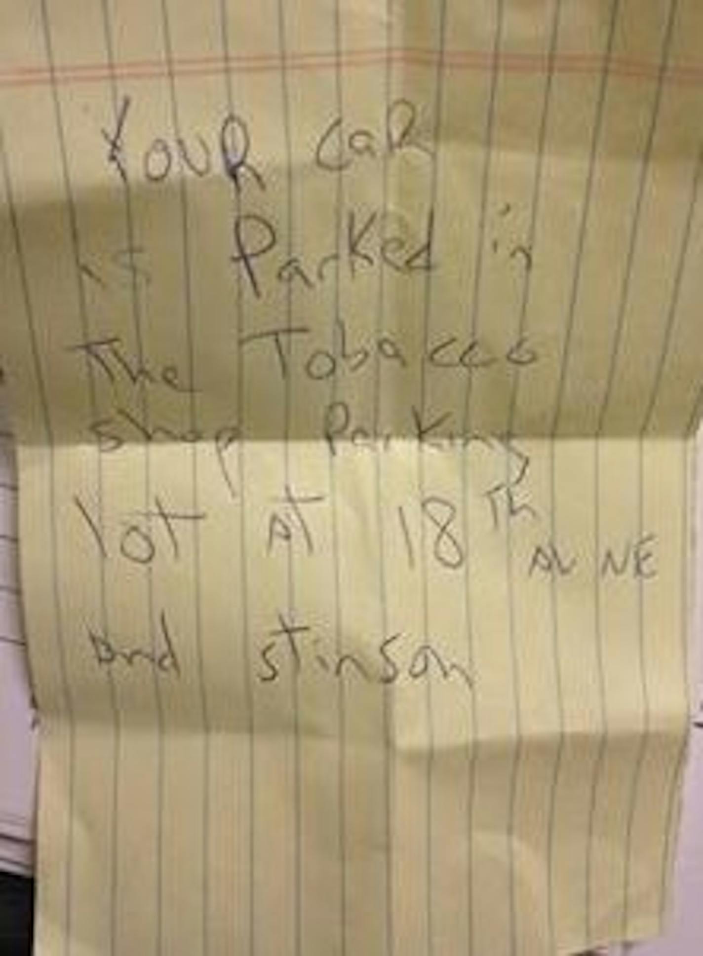 This note in Aaron&#x2019;s pocket led the Purmorts to their car.