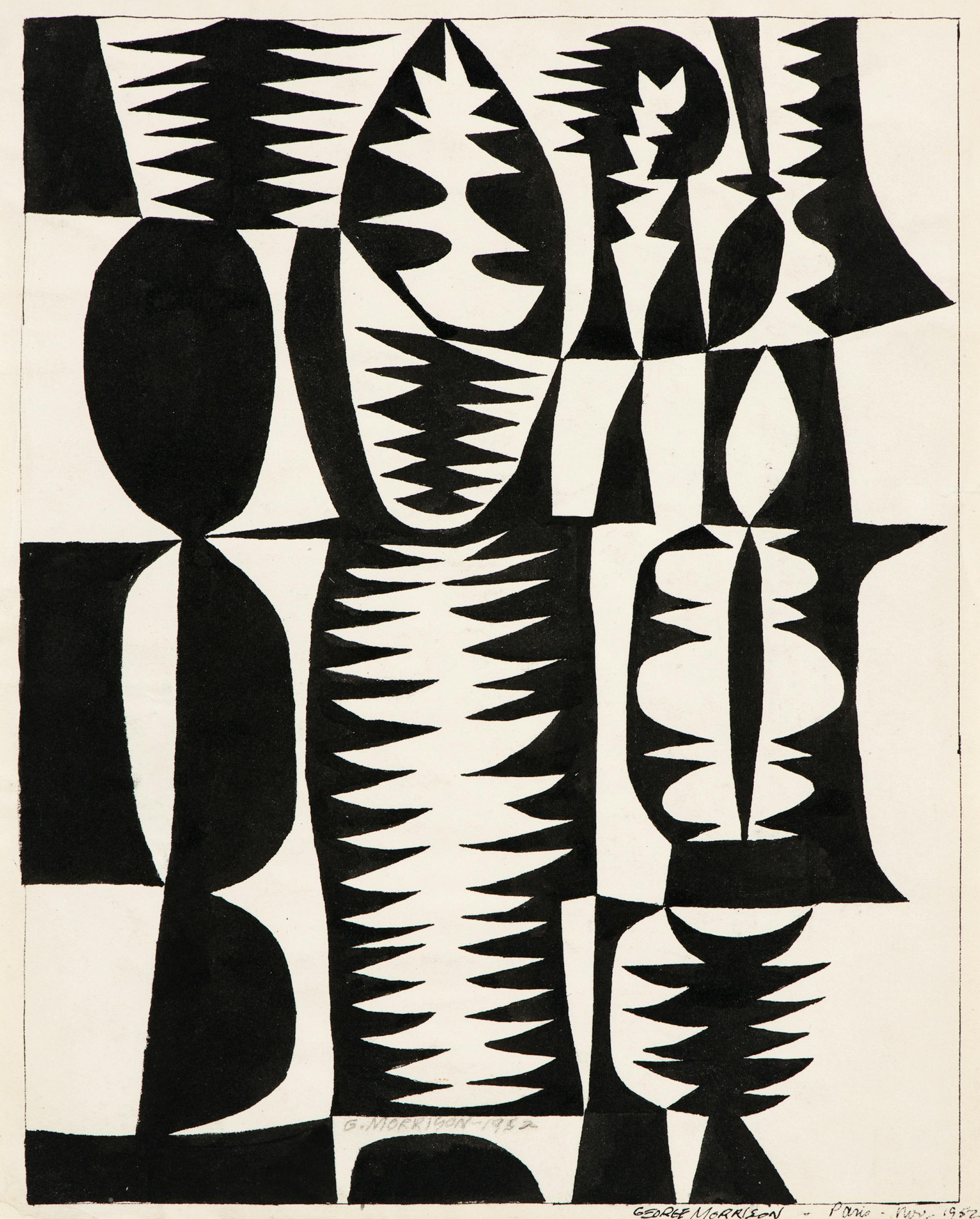 "Black and White Patterned Forms," 1952, ink on paper, 10 3/4x8 3/8 in. Collection Minnesota Museum of American Art. Gift of George Morrison.