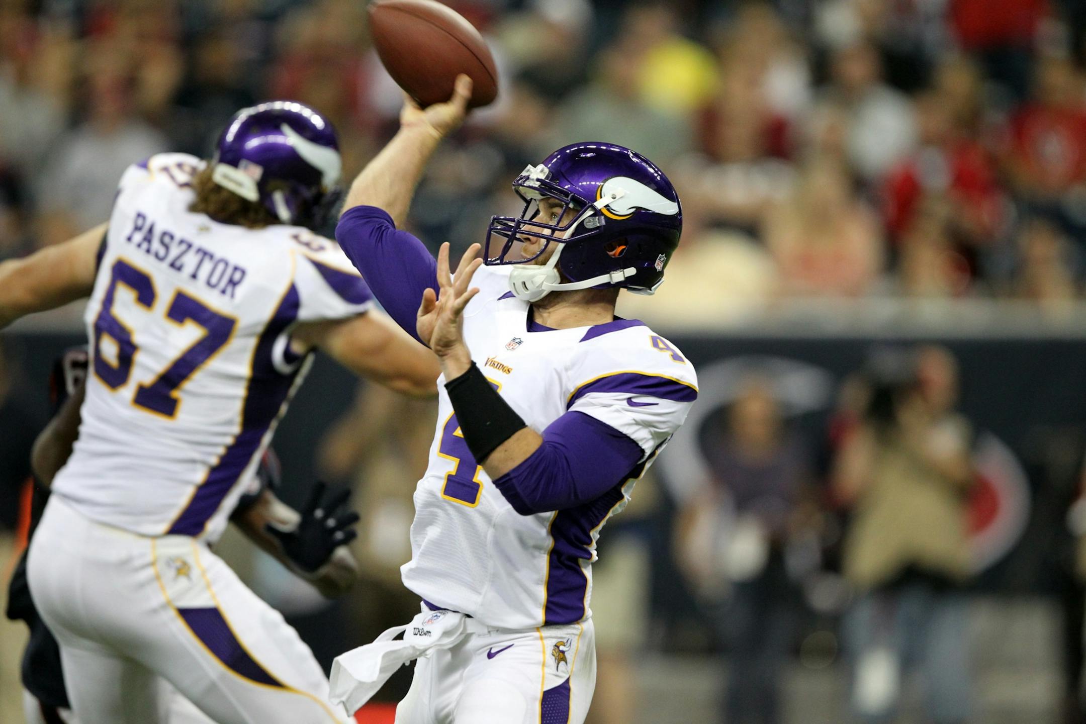 Minnesota Vikings quarterback McLeod Bethel-Thompson (4) throws a pass in the fourth quarter during the Minnesota Vikings last preseason game with the Texans at Reliant Stadium in Houston, Texas Thursday August 30, 2012. Houston beat Minnesota 28-24.
