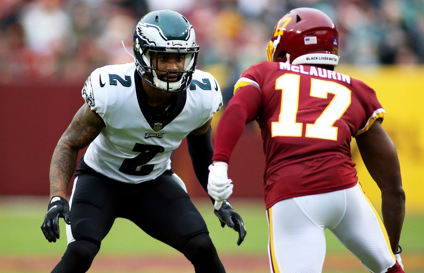 Philadelphia Eagles cornerback Darius Slay (2) lines up against Washington Football Team wide receiver Terry McLaurin (17) during an NFL football game, Sunday, Jan. 02, 2022 in Landover. (AP Photo/Daniel Kucin Jr.)