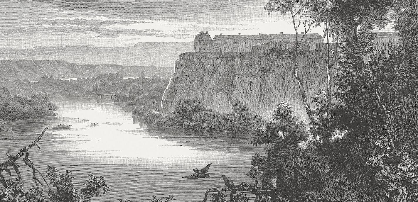 iStock
Mouth of the Minnesota River in the Mississippi River below of the Fort Snelling. Woodcut engraving after a drawing by Rudolf Cronau (German painter, 1855 - 1939), published in 1882.