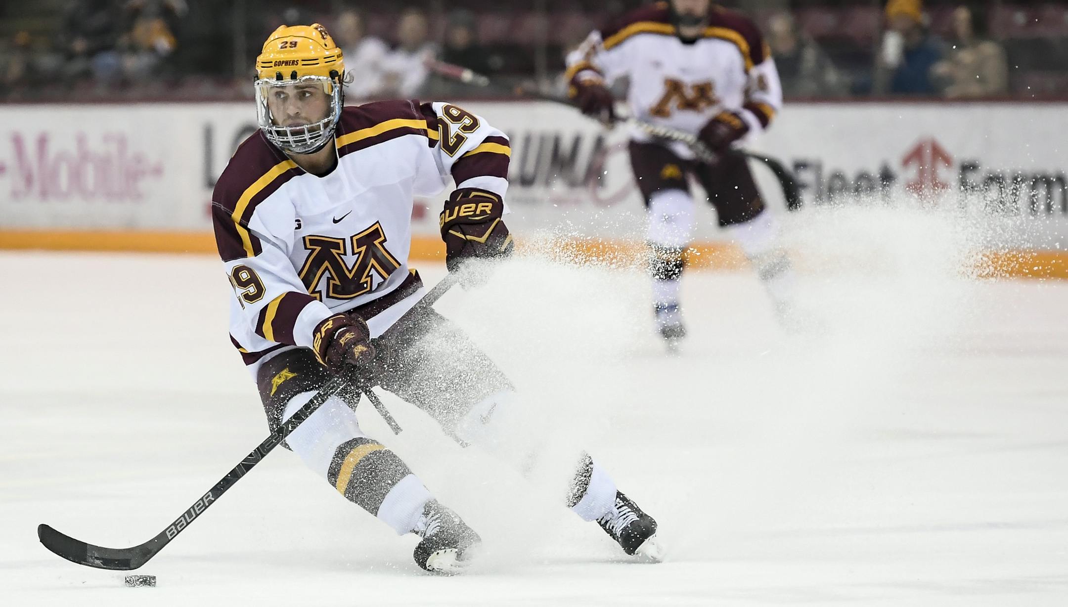 Minnesota Golden Gophers defenseman Tyler Nanne (29) handled the puck in the first period against the Michigan Wolverines. ] Aaron Lavinsky &#xa5; aaron.lavinsky@startribune.com The University of Minnesota Golden Gophers played the Michigan Wolverines on Friday, March 8, 2019 at the 3M Arena at Mariucci in Minneapolis, Minn. ORG XMIT: MIN1903081842070872