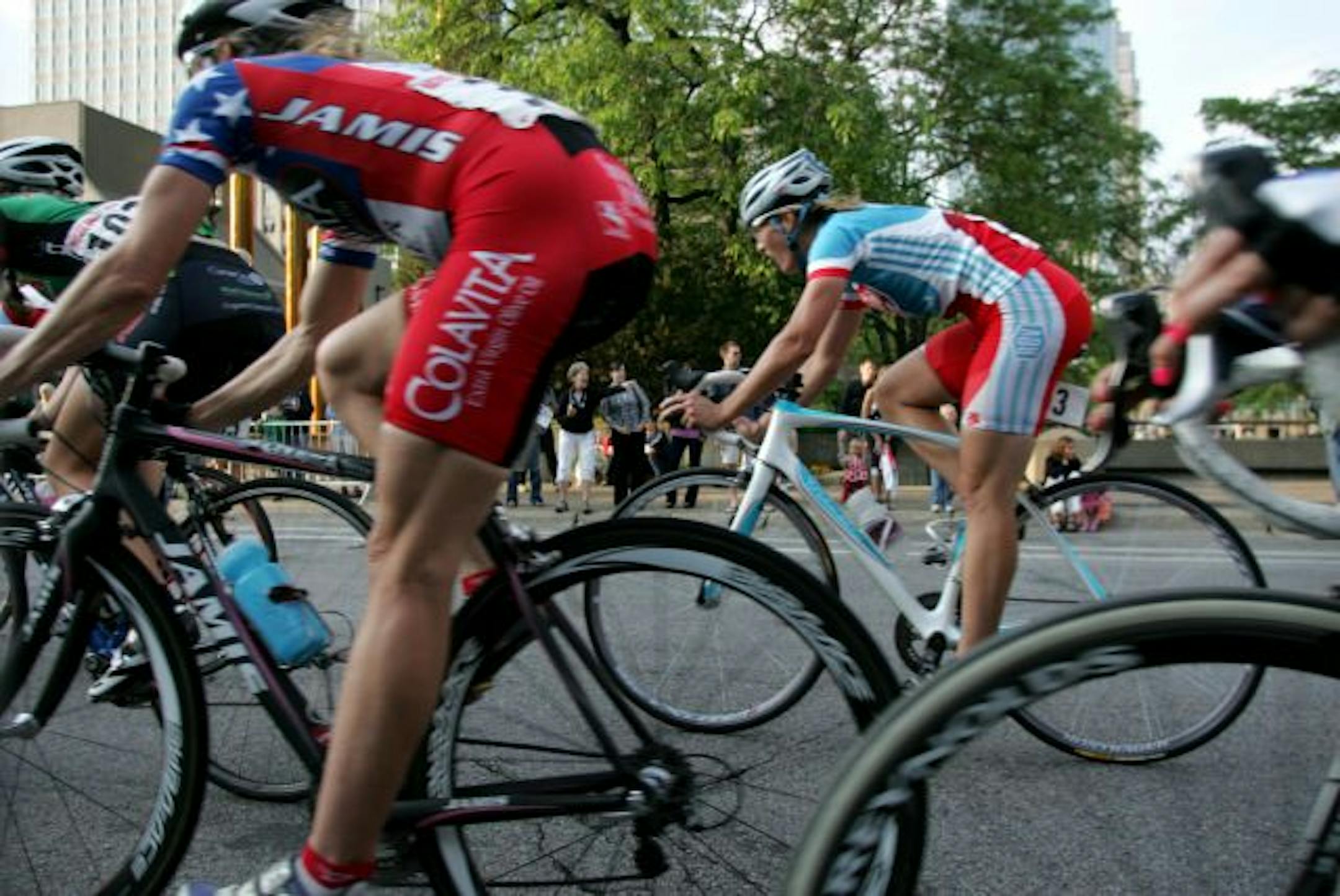 Women cyclists raced along city streets near Orchestra Hall, St. Thomas University and Nicollet Malll during the Great River Energy Bicycle Festival Downtown Classic.
