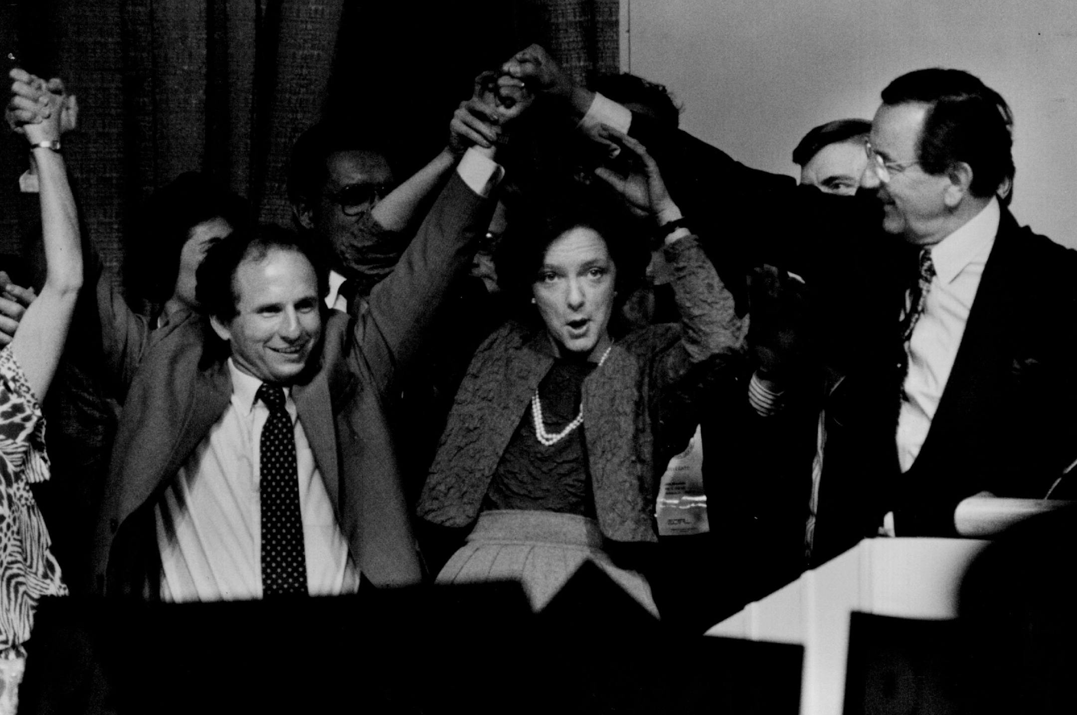 June 10, 1990: Paul Wellstone, Lt. Gov. Marlene Johnson and Gov. Rudy Perpich celebrated after Perpich and Johnson again won endorsement.