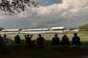 Fans found a large tree for shade as they watched golfers make their way on the 18th fairway Thursday at the 3M Open in Blaine.