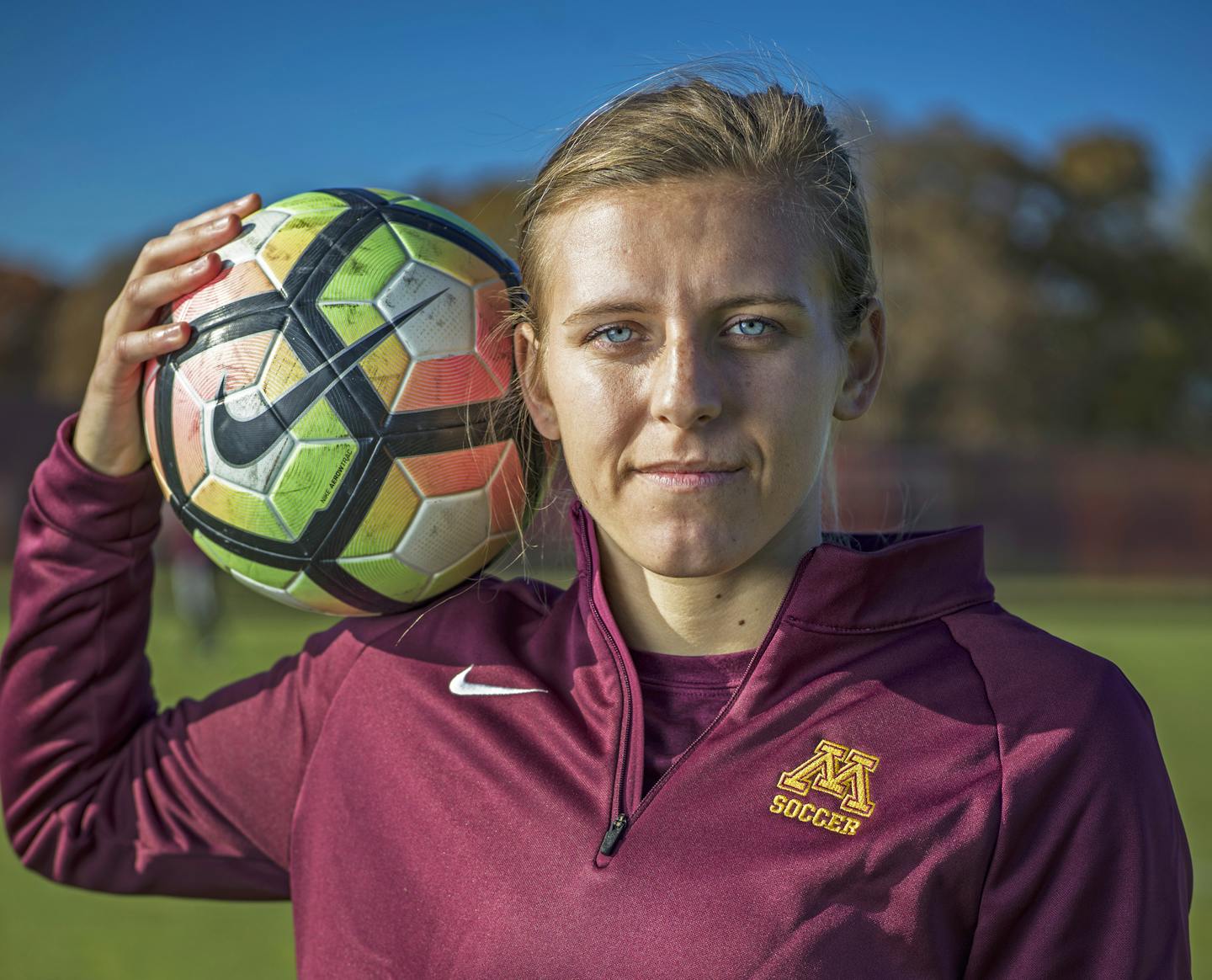 Gophers soccer captain Emily Peterson needed just 5-1/2 months to recover from an ACL surgery, making it one of the quickest recoveries we've heard of. She's a Prior Lake native who plays Center Back for Minnesota.] Richard Tsong-Taatarii&#x2022;Richard.Tsong-Taatarii@startribune.com. ORG XMIT: MIN1810231722250712