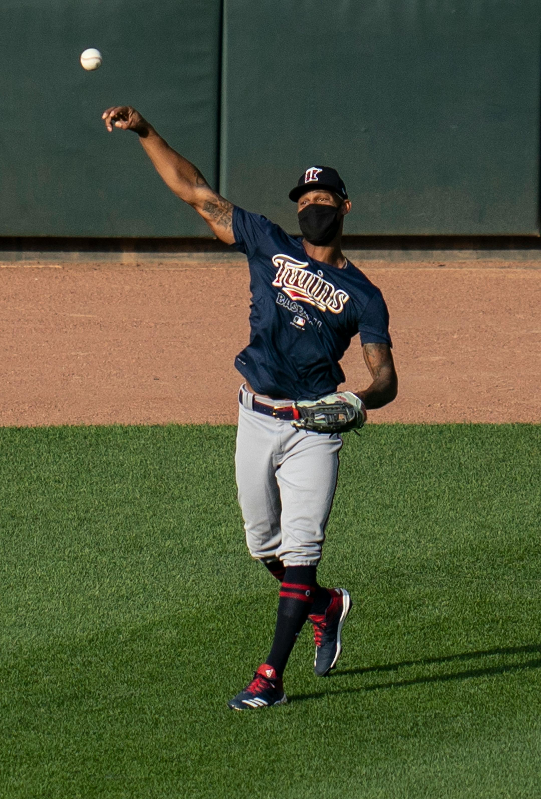 Minnesota Twins center fielder Byron Buxton (25) threw the ball during a scrimmage at practice at Target Field in Minneapolis, Minn., on Wednesday, July 8, 2020.