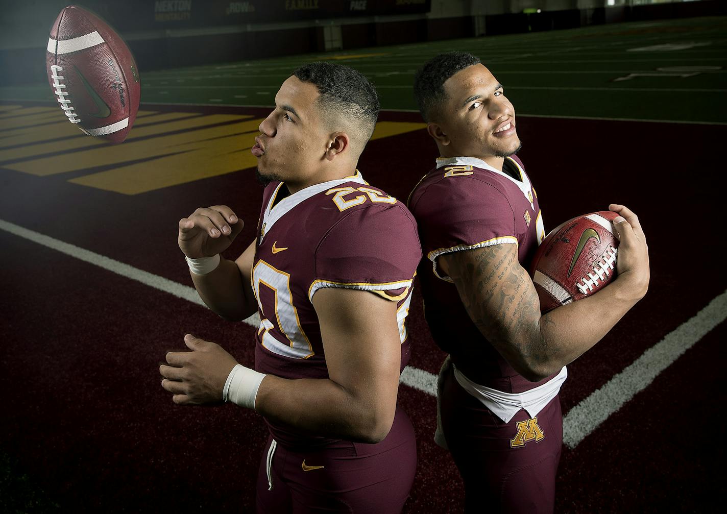 Minnesota Gophers twins, linebacker Julian Huff, left, and defensive back Jacob Huff, right, photographed Tuesday, July 31, 2018 at the Athletes Village at the University of Minnesota in Minneapolis, MN. ] ELIZABETH FLORES &#xef; liz.flores@startribune.com