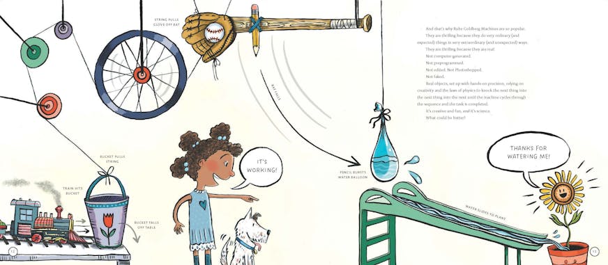 image is a cartoon of an elaborate invention, with levers and baseball mitts, being viewed by a child, a dog and a potted flower.