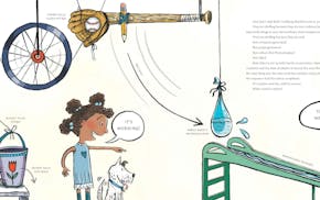 image is a cartoon of an elaborate invention, with levers and baseball mitts, being viewed by a child, a dog and a potted flower.