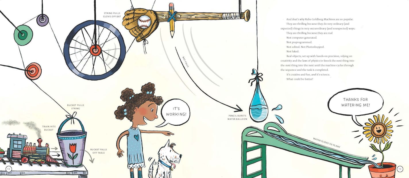image is a cartoon of an elaborate invention, with levers and baseball mitts, being viewed by a child, a dog and a potted flower.