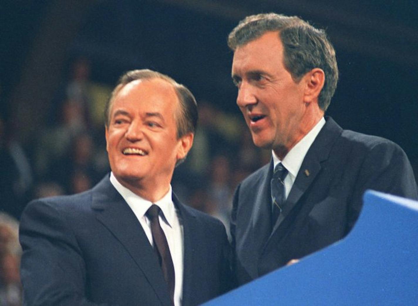 1968: Vice President Hubert Humphrey, left, and Sen. Edmund S. Muskie (right) share the podium at the Democratic Convention in Chicago following their nomination for president and vice president.