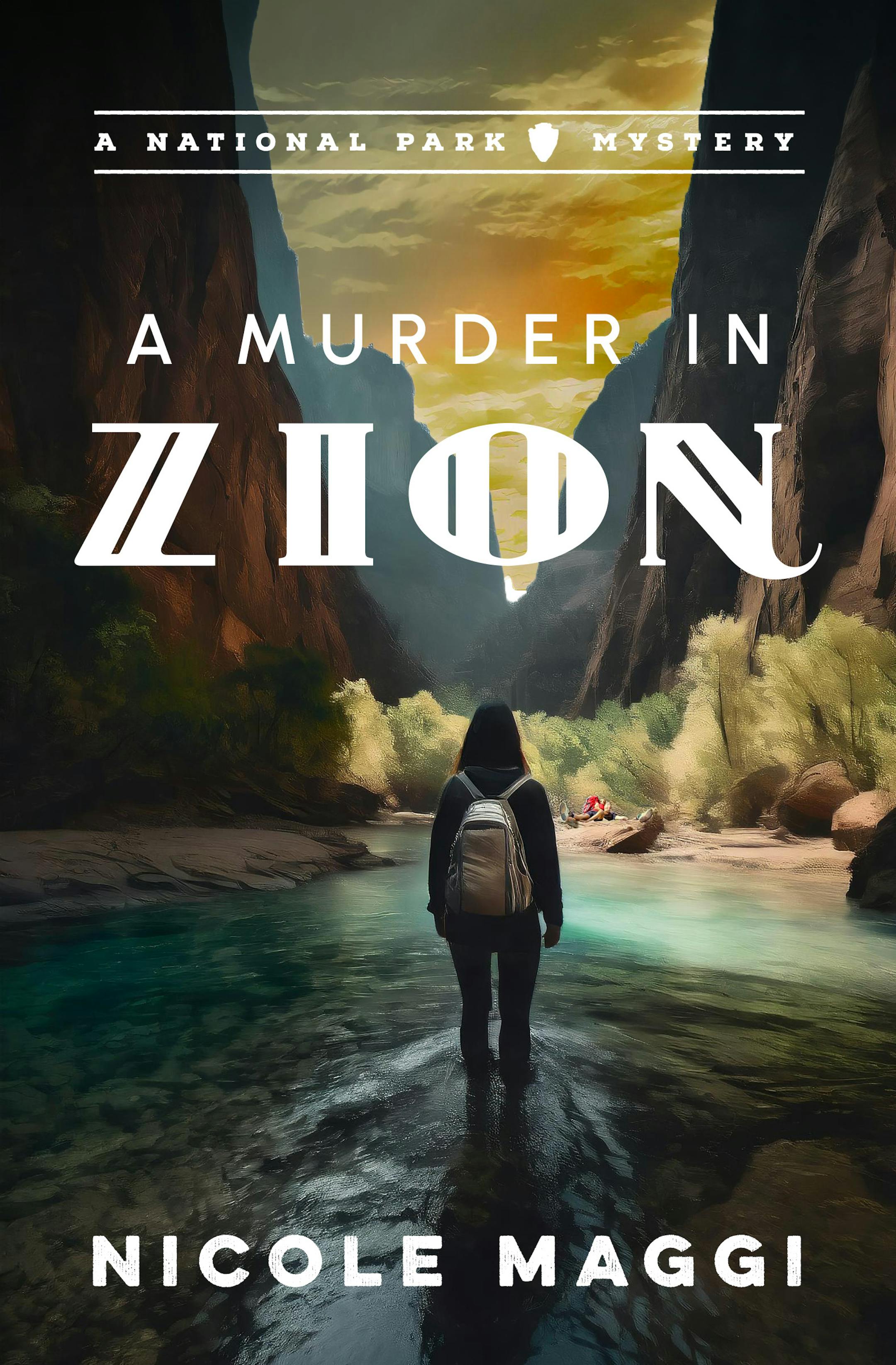 cover of A Murder in Zion depicts a person walking in a creek in a valley