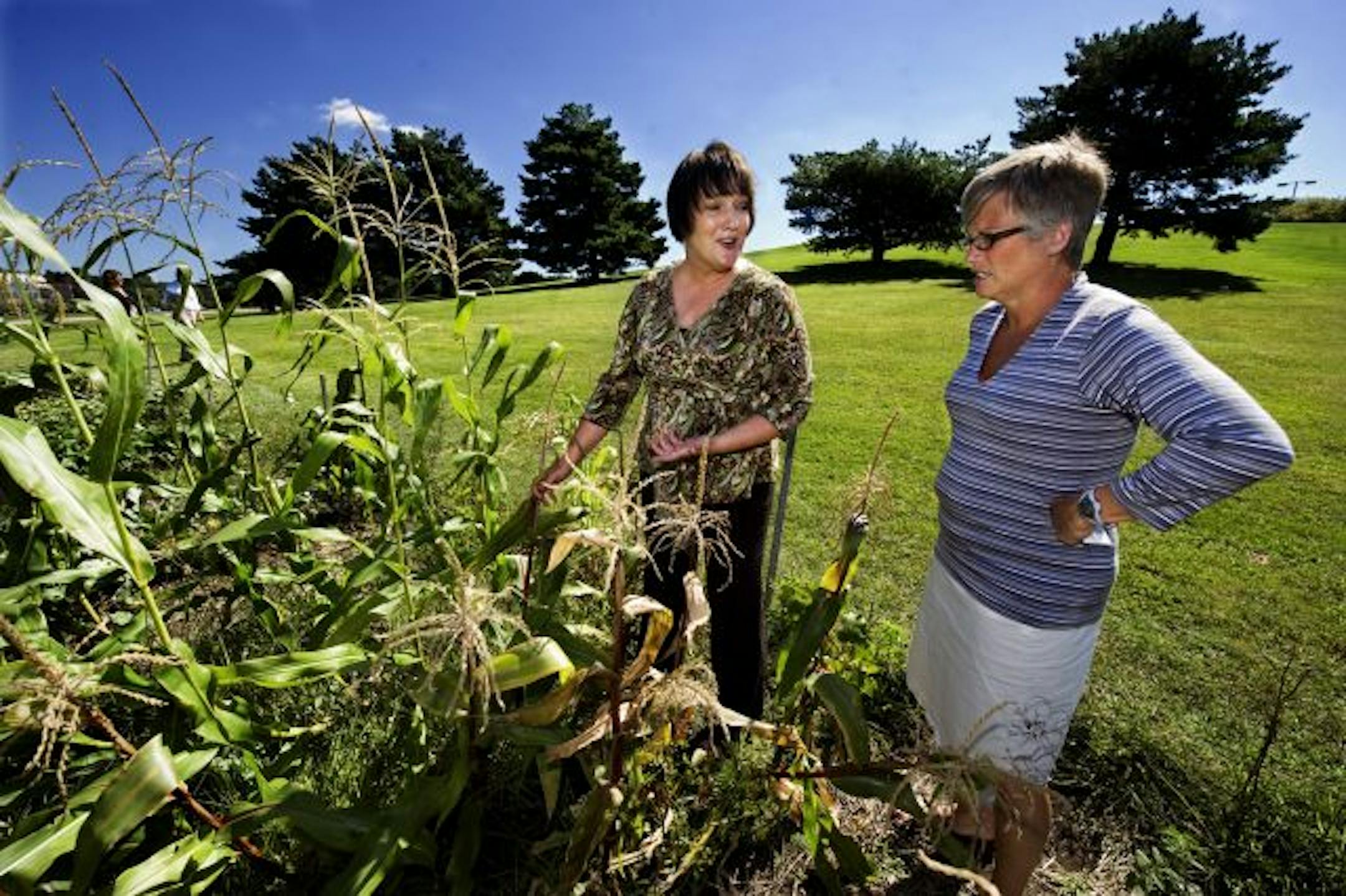 Susan Brousseau, left, helped start a garden on the Blue Cross Blue Shield campus in Eagan. The produce is donated to local charities, including a food shelf operated by Eagan Resource Center, whose executive director is Lisa Horn, right.